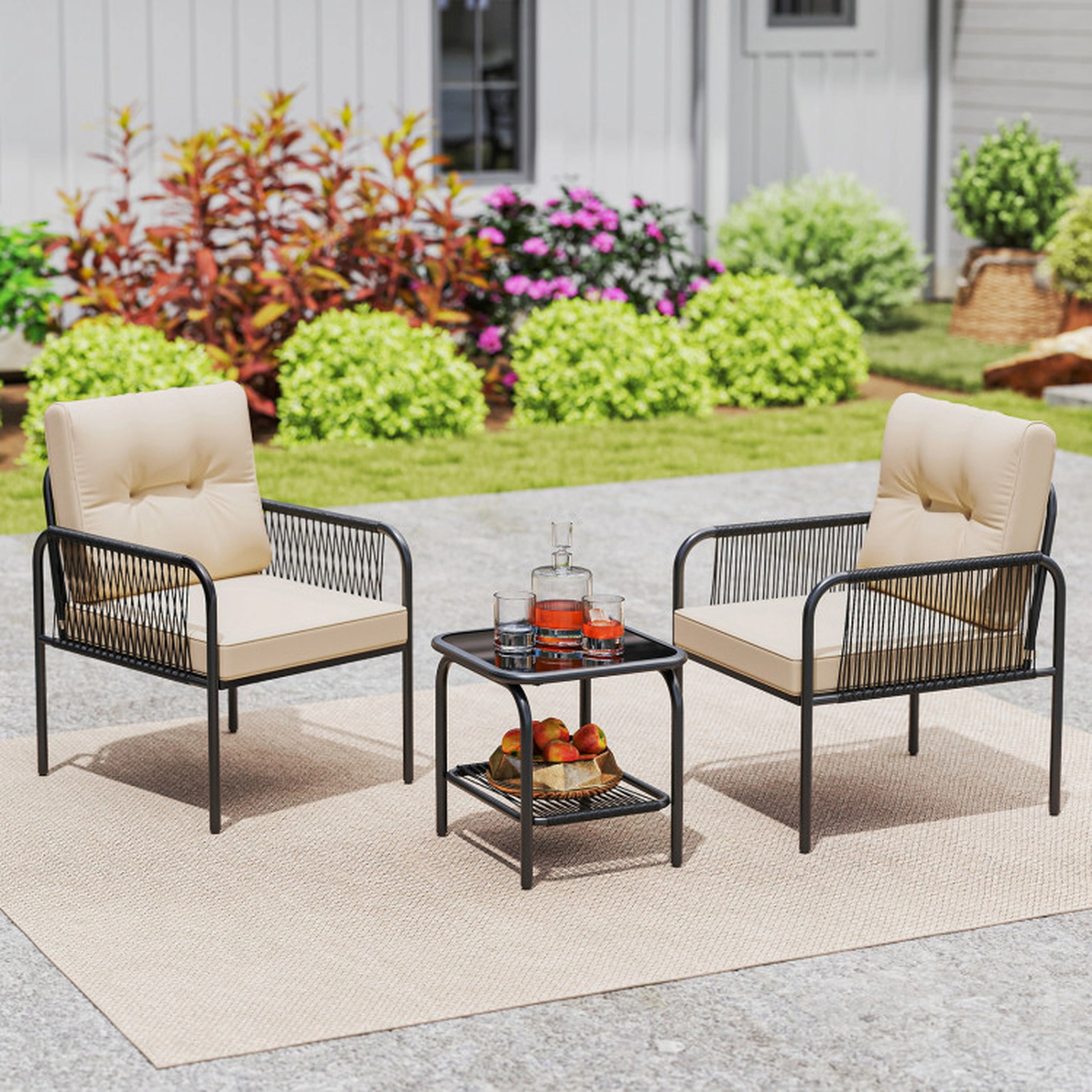 SUGIFT 3-Piece Black PE Rattan Patio Bistro Set with Beige Cushions and 2-Tier Glass Table