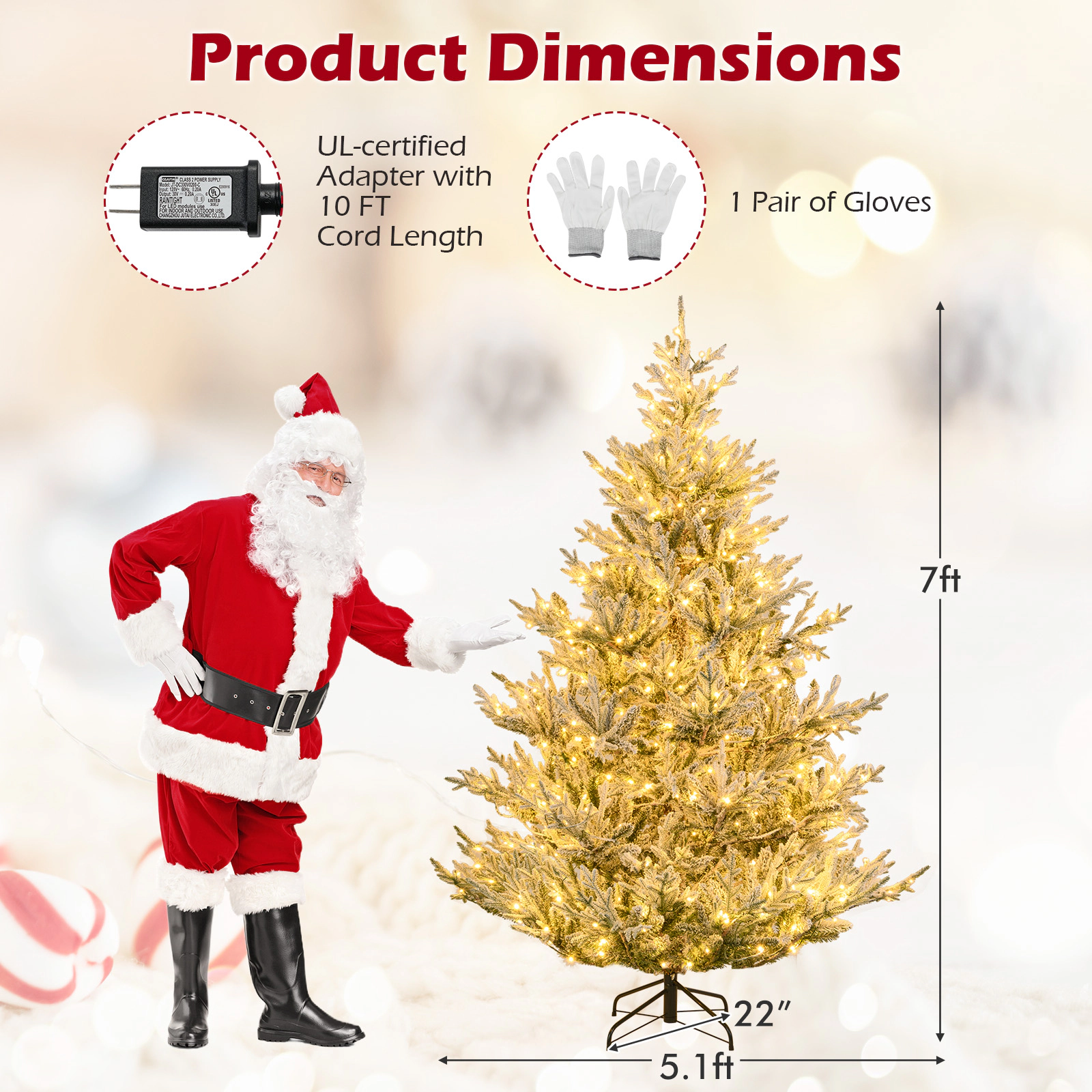 SUGIFT 7-ft Pre-Lit Snow Flocked Christmas Tree with 1074 Branch Tips and 450 Warm White LEDs 5.1-ft Dia Green