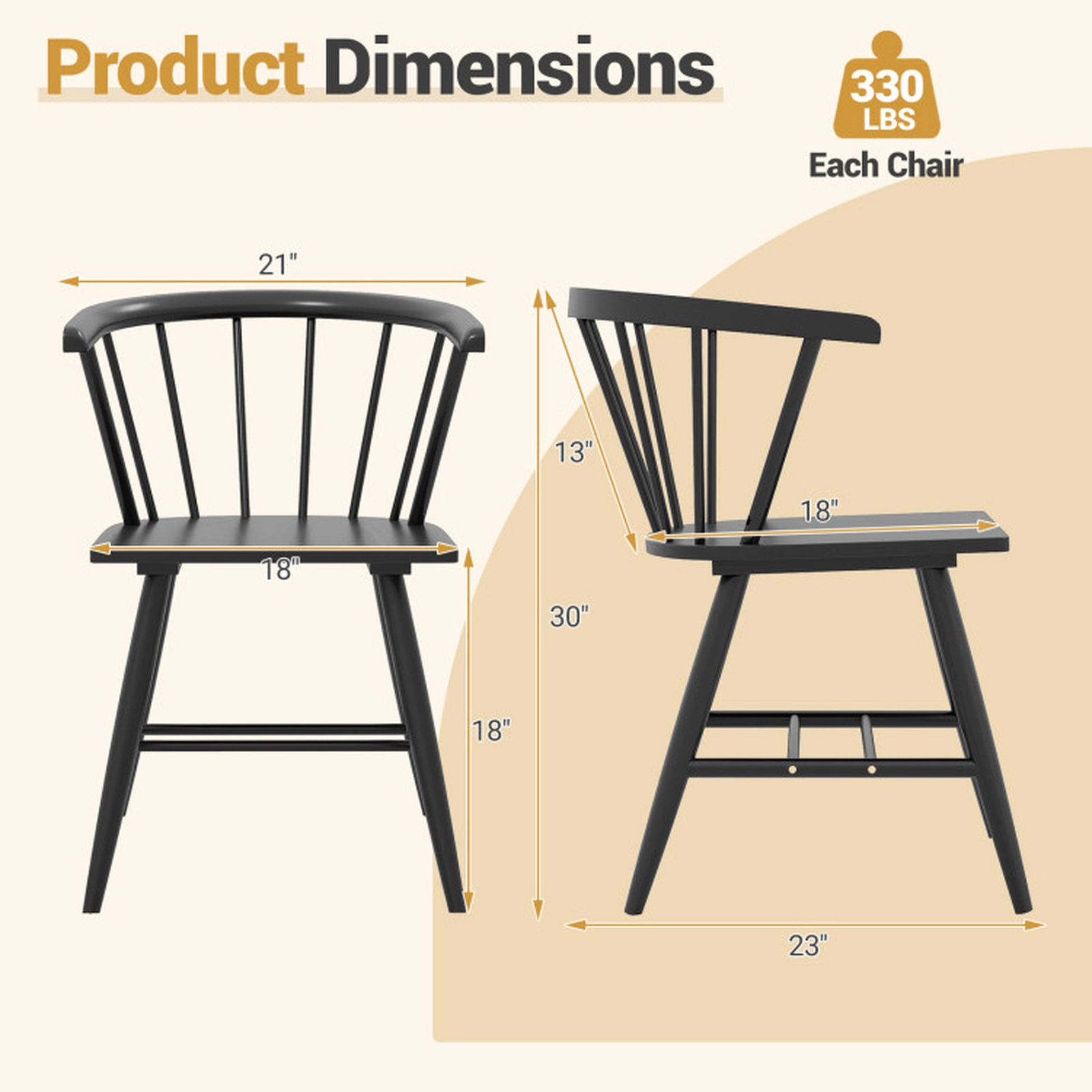 SUGIFT Ergonomic High-Back Windsor Dining Chair Set of 4 Rubber Wood 330-Lb Capacity Black