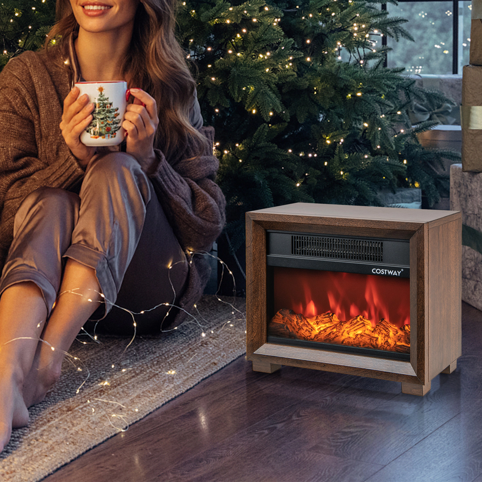 LJG Mini Wooden Space Tabletop Fireplace with Realistic Flame Effect
