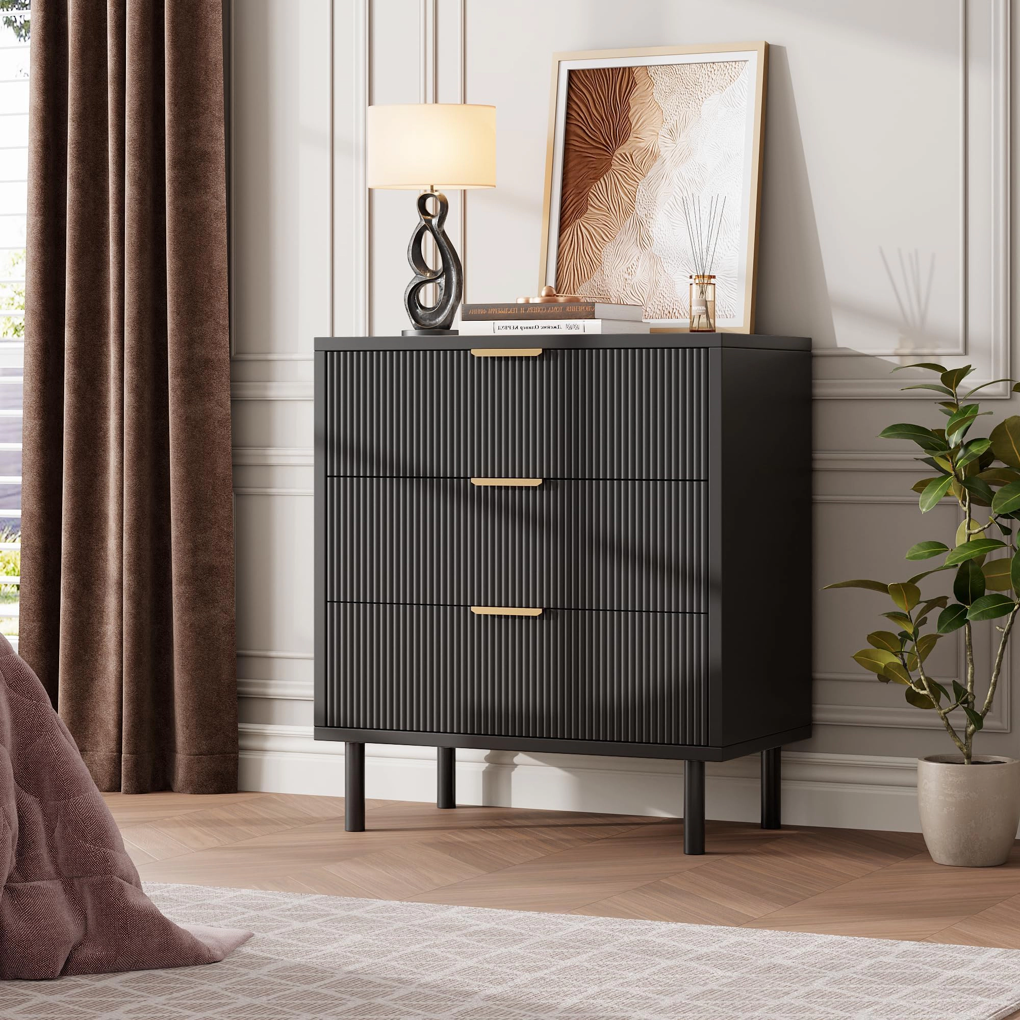 Fluted 3 Drawer Modern Dresser with Metal Legs, Wood Storage Chest for Bedroom Living Room