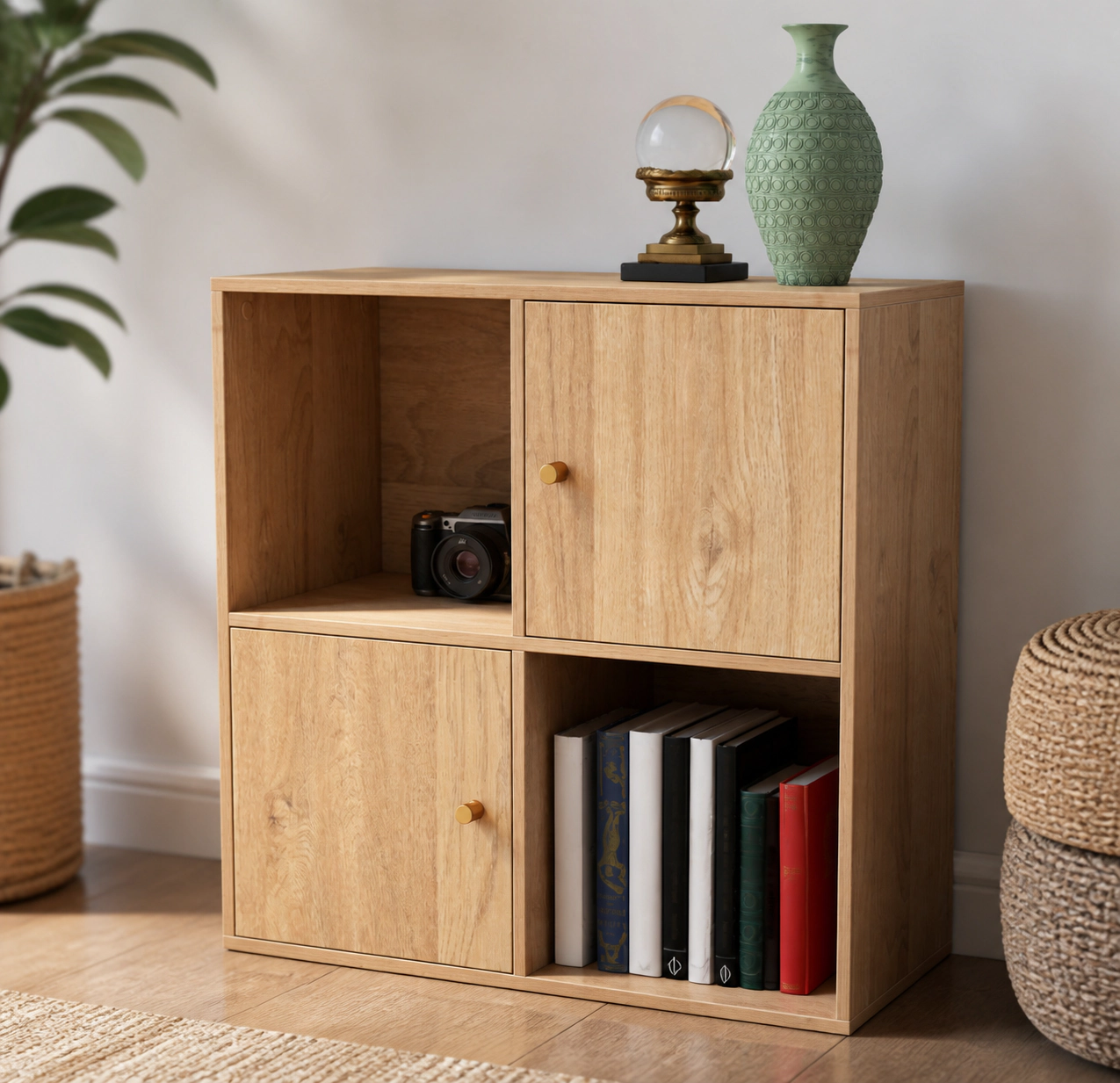 SUGIFT 4-Cube Natural 3-Tier Small Bookshelf with Doors 2 Storage Cabinets and Anti-Tipping Kits