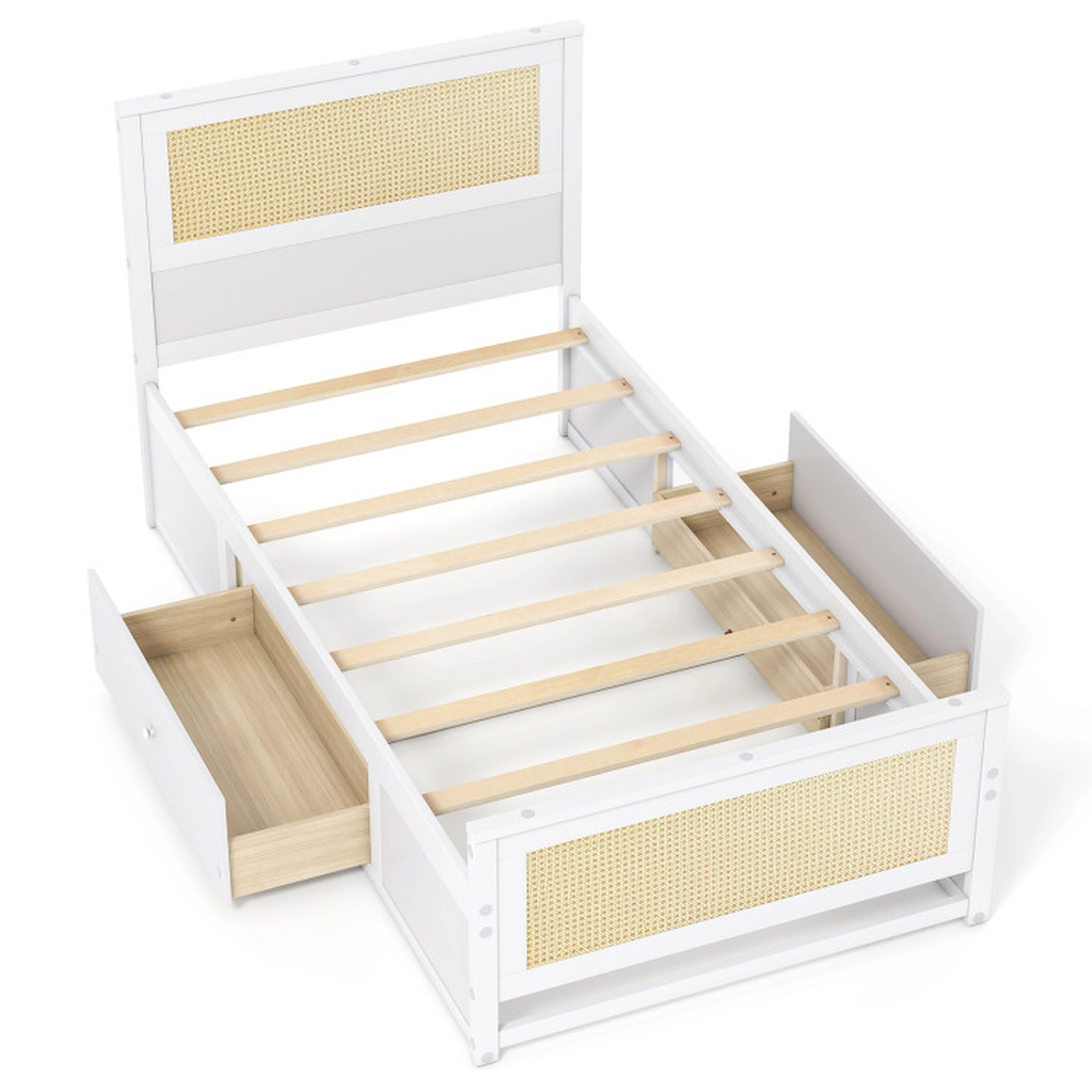 SUGIFT Twin Size Rattan Bed Frame with 2 Storage Drawers 350-lb Bed Capacity 50-lb Drawer Capacity 79-in Frame White