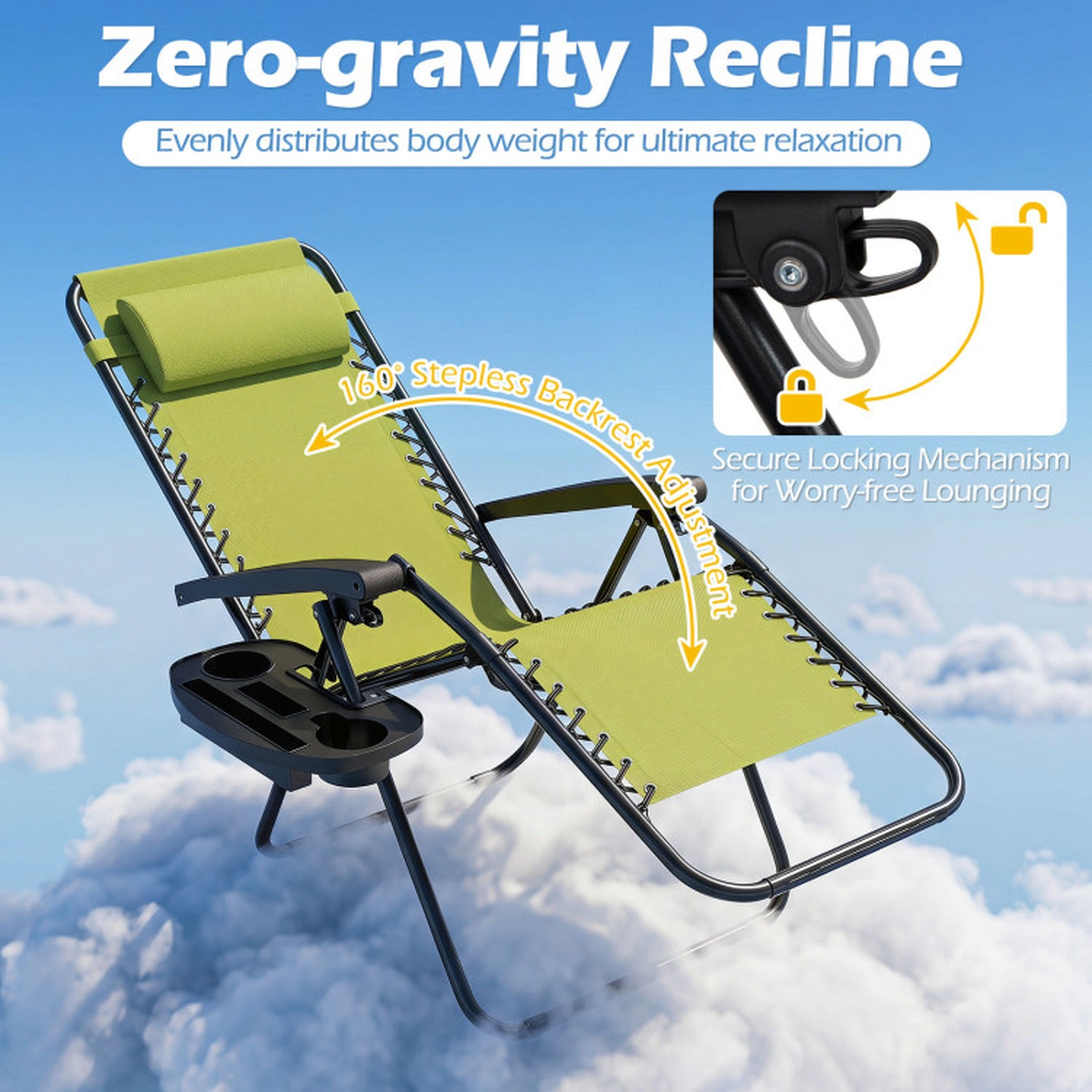 SUGIFT Set of 2 Green Folding Zero Gravity Lounge Chairs with Tray and Adjustable Pillow