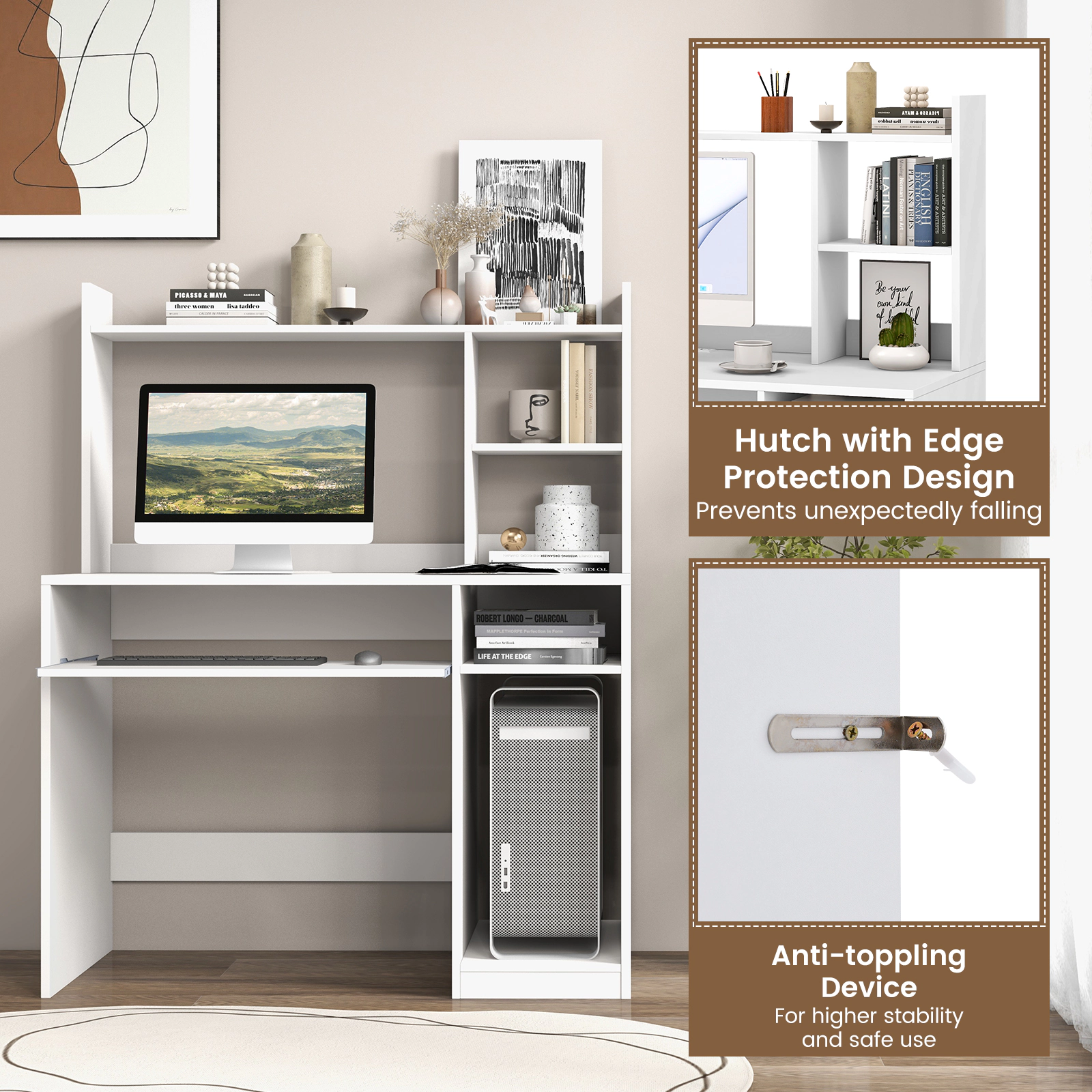 Costway Computer Desk Study Bookcase Workstation with Charging Station Hutch & CPU Stand