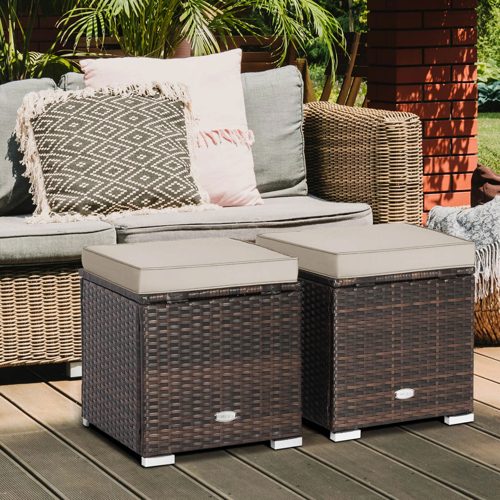 SUGIFT Hidden Storage and Removable Cushions 2-Piece Patio Wicker Ottoman Set