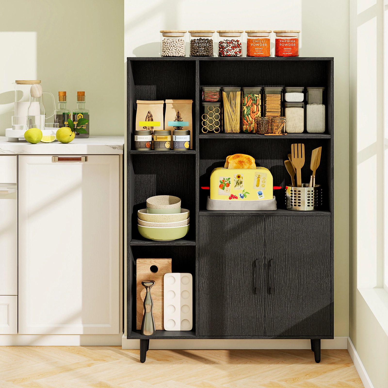 LJG 4 Inch Floor Bookshelf with 5 Open Compartments and Storage Cabinet