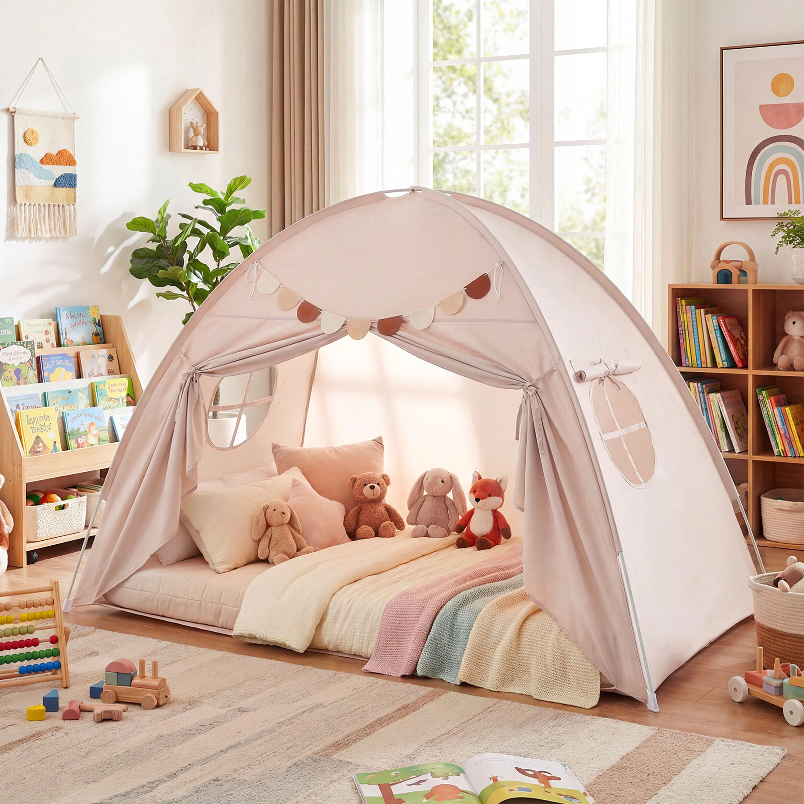 SUGIFT Indoor Canopy Tent for Kids Fits Twin Size Mattress Ages 3+ Beige Brushed Fabric