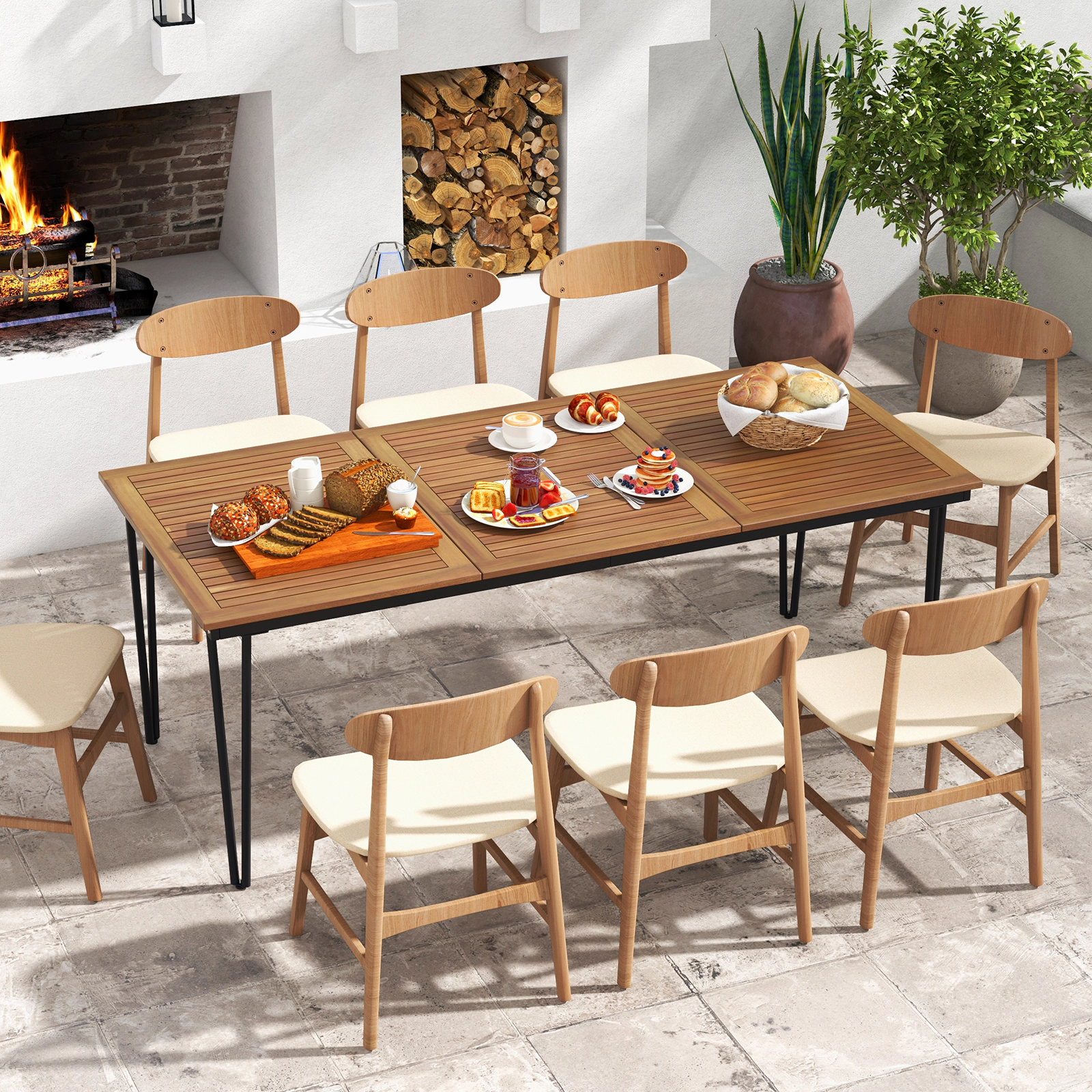SUGIFT 79-in Slatted 8-Person Outdoor Dining Table with 1.9-in Umbrella Hole 165-lb Capacity Natural & Black