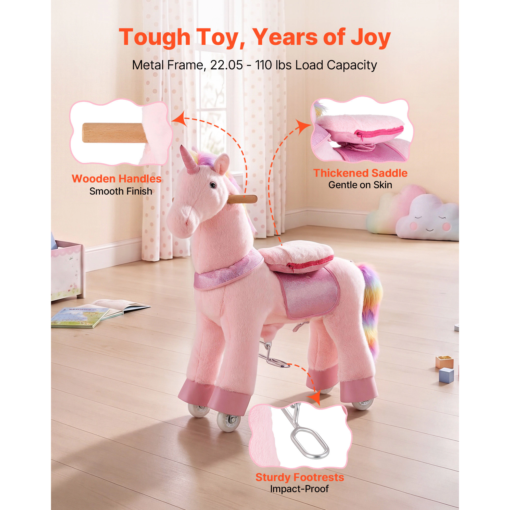 HONGGE Ride On Unicorn Toy for Kids, Pink, Pedal-Powered, Anti-Roll Wheels, Ages 3-8, Holds Up to 110 lbs