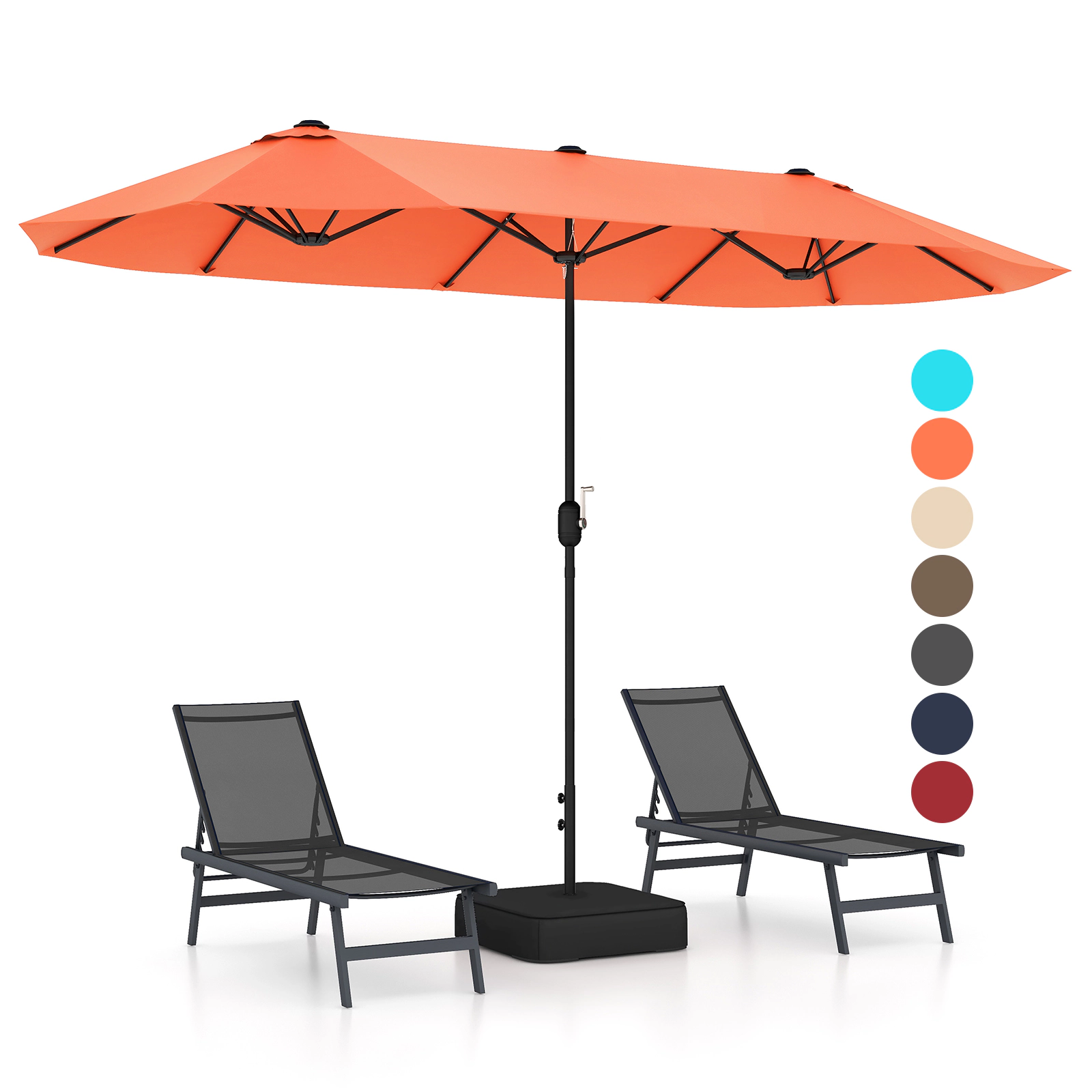 SUGIFT 13-ft Orange Double Patio Umbrella with Fillable Cross Base, Crank Lift and 12 Ribs