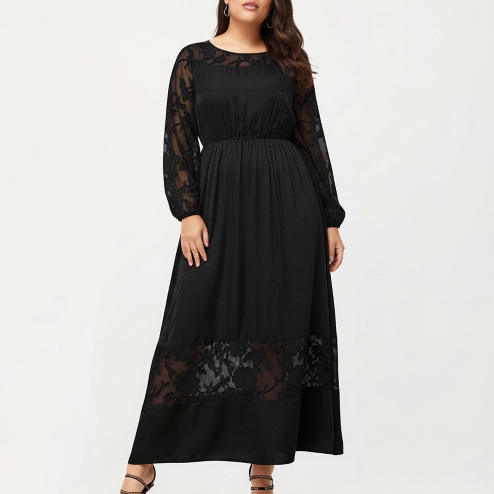 Anna-Kaci Women's Plus Long Sleeve Sheer Lace Sleeves Elastic Waist Hem Panel Maxi Dress