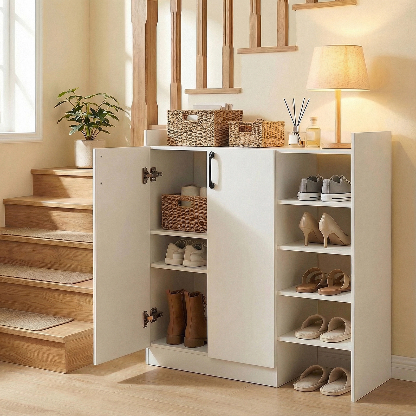 SUGIFT White 2 Doors and 2 Adjustable Inner Shelves Entryway Shoe Organizer Shoe Cabinet