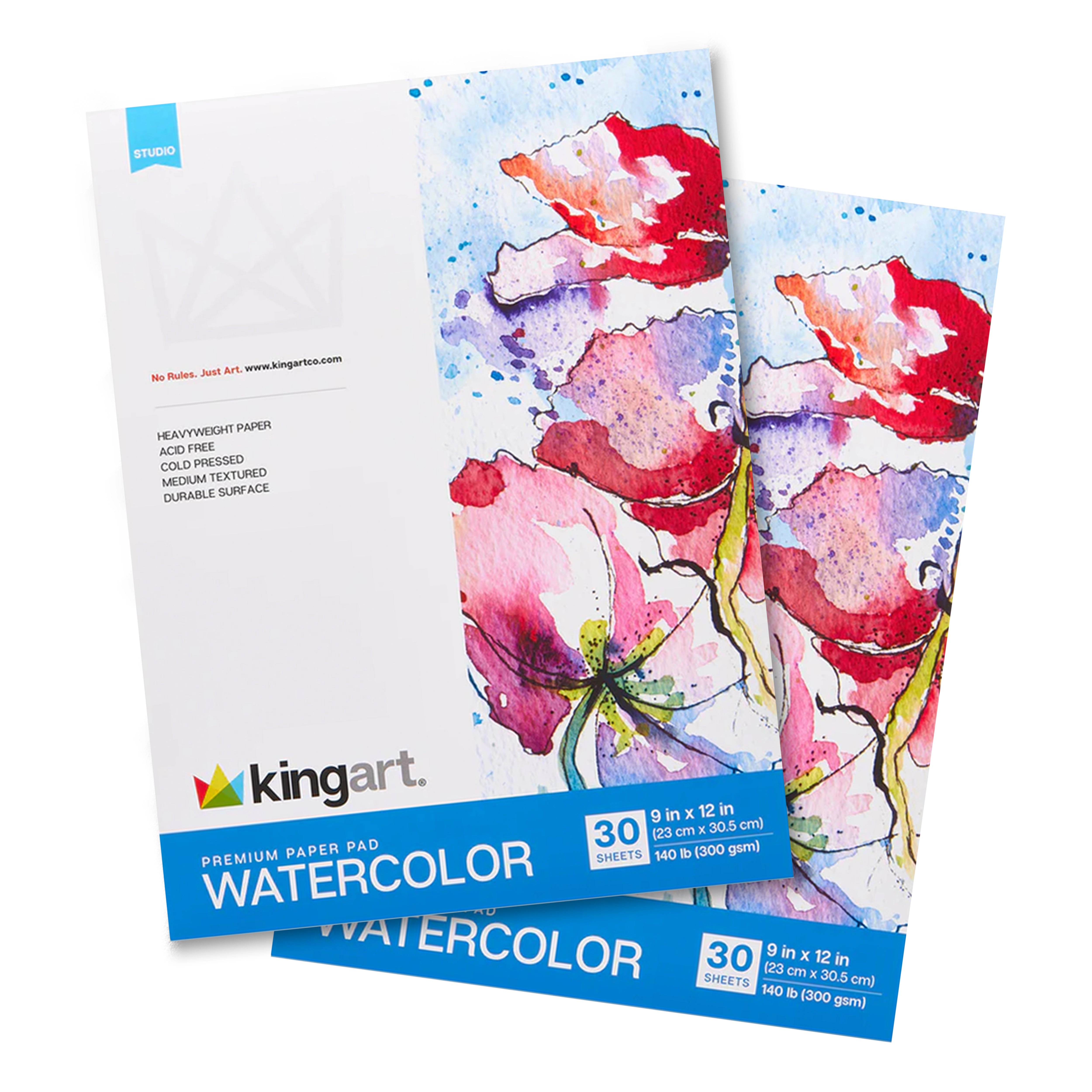 KINGART Watercolor Paper Pad - Top Bound 9" x 12" - 2 Pack - 30 Sheets Each