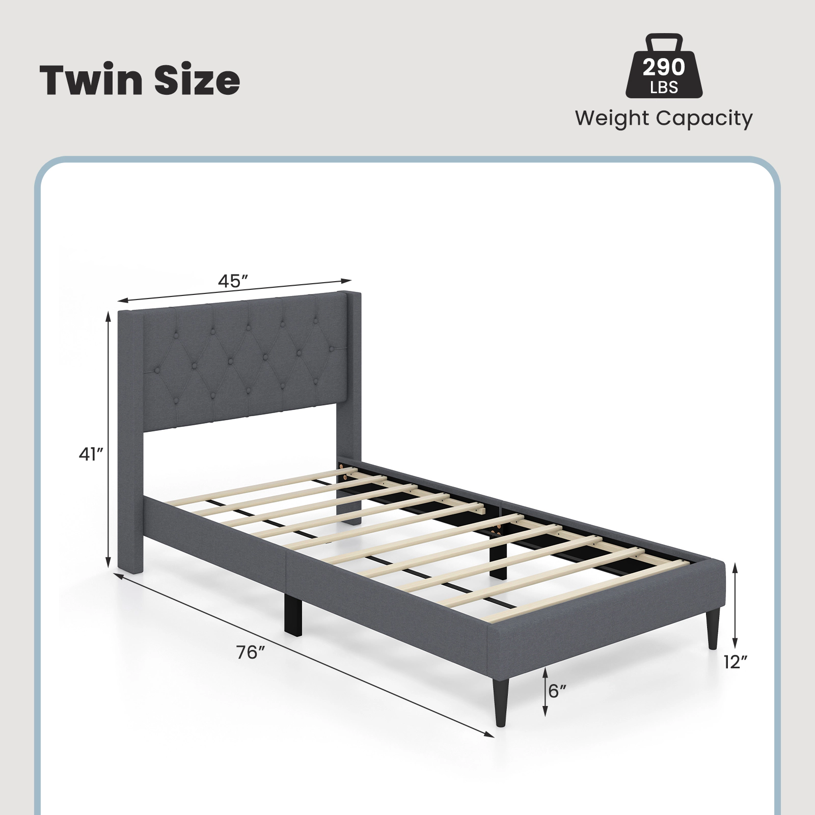 SUGIFT Button Tufted Wingback Upholstered Twin Platform Bed Frame Headboard 290-Lb Capacity 76-in Length 6-in Under-Bed