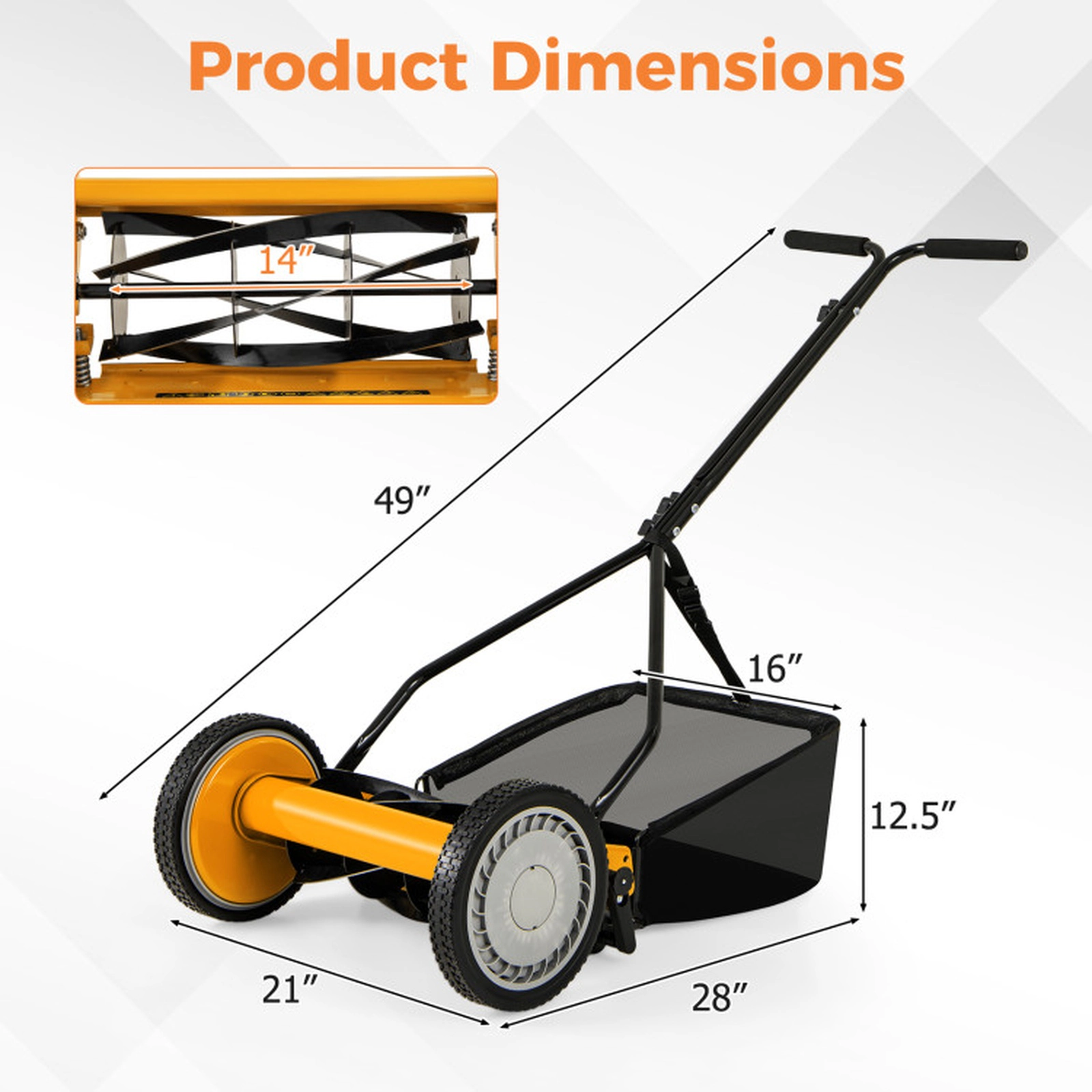 SUGIFT Manual Push Lawn Mower with 5 Steel Blades 14-in Cutting Width Grass Catcher Bag Orange
