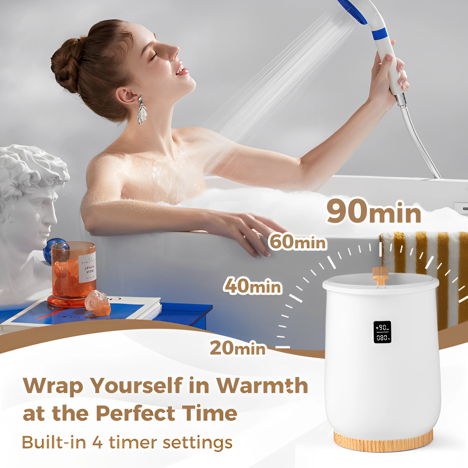 SUGIFT 20L 1-Button Control LED Display 4 Timer Settings Towel Warmer Bucket 13-in x 13-in x 19-in 450W White