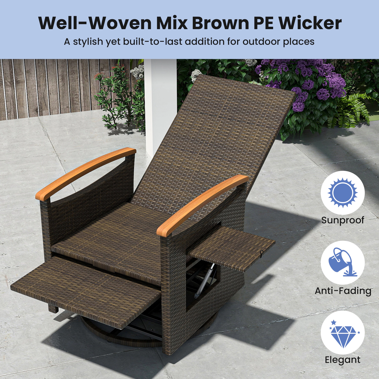 SUGIFT Patio Rattan 360° Swivel Recliner Chair with Adjustable Backrest & Footrest 400-lb Capacity with Side Table Navy