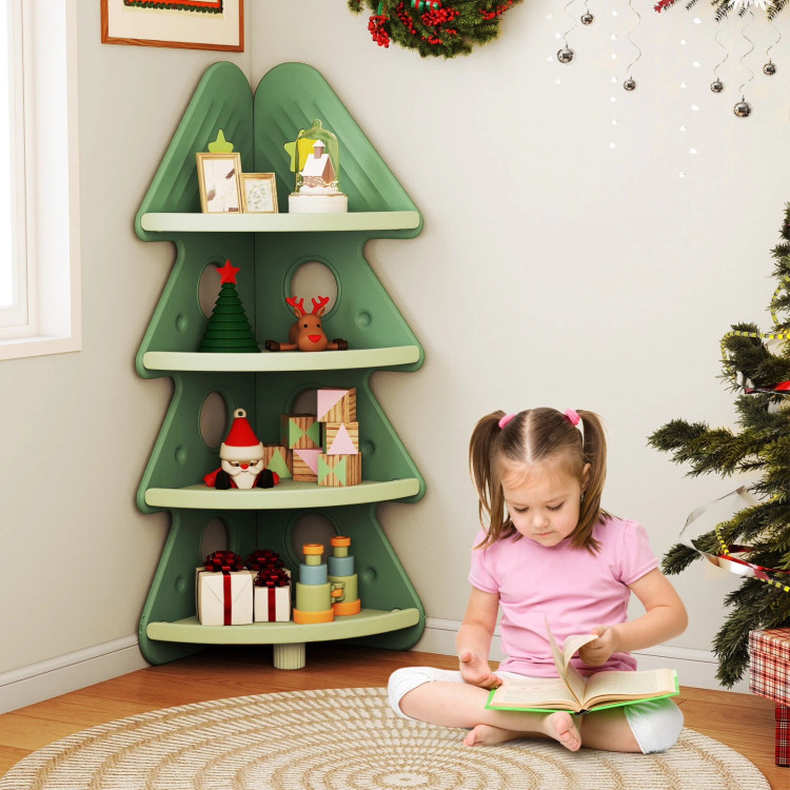 SUGIFT 4-Tier Corner Kids Toy Organizer Bookshelf with Anti-Falling Guardrails 49-in Tall Ages 3+ Green