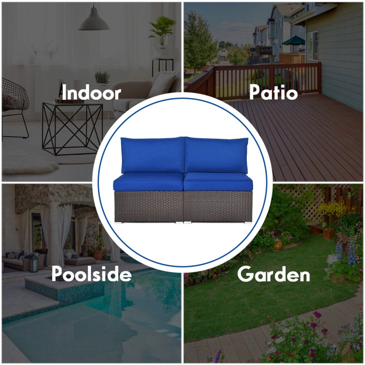 Hivvago 2 Pieces Patio Rattan Armless Sofa Set With 2 Cushions And 2 Pillows-Blue