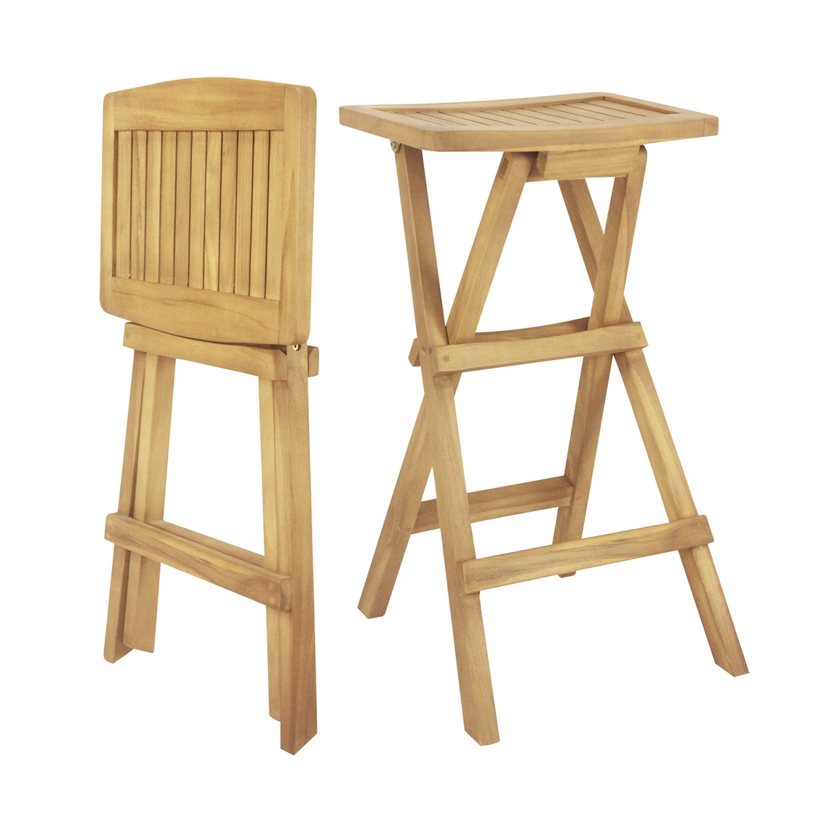 SUGIFT Set of 2 Folding Teak Wood Bar Stools with Saddle Seat 350-lb Capacity Natural Outdoor Bar Seating