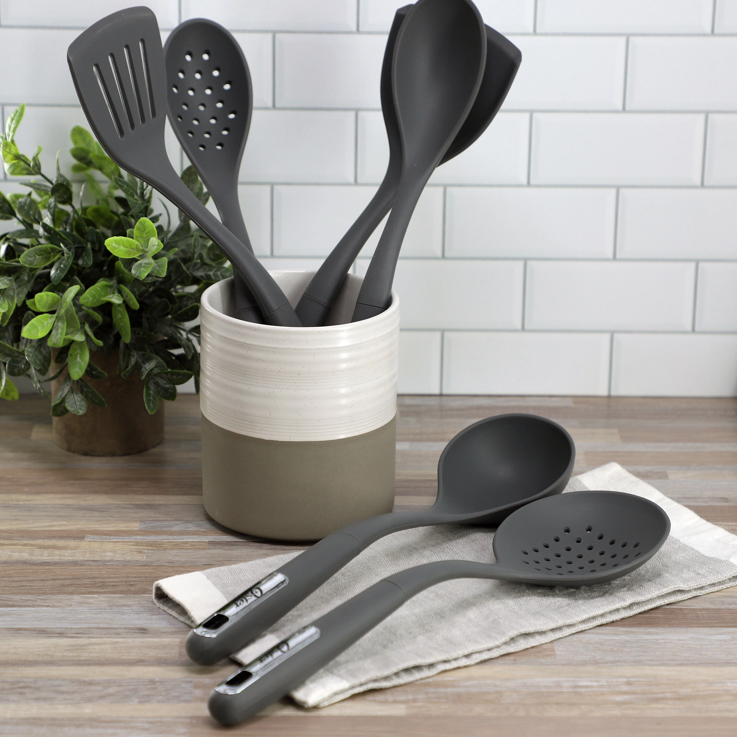 Oster Ridgecrest 2 Piece Silicone Kitchen Tool Skimmer and Ladle Set in Gray