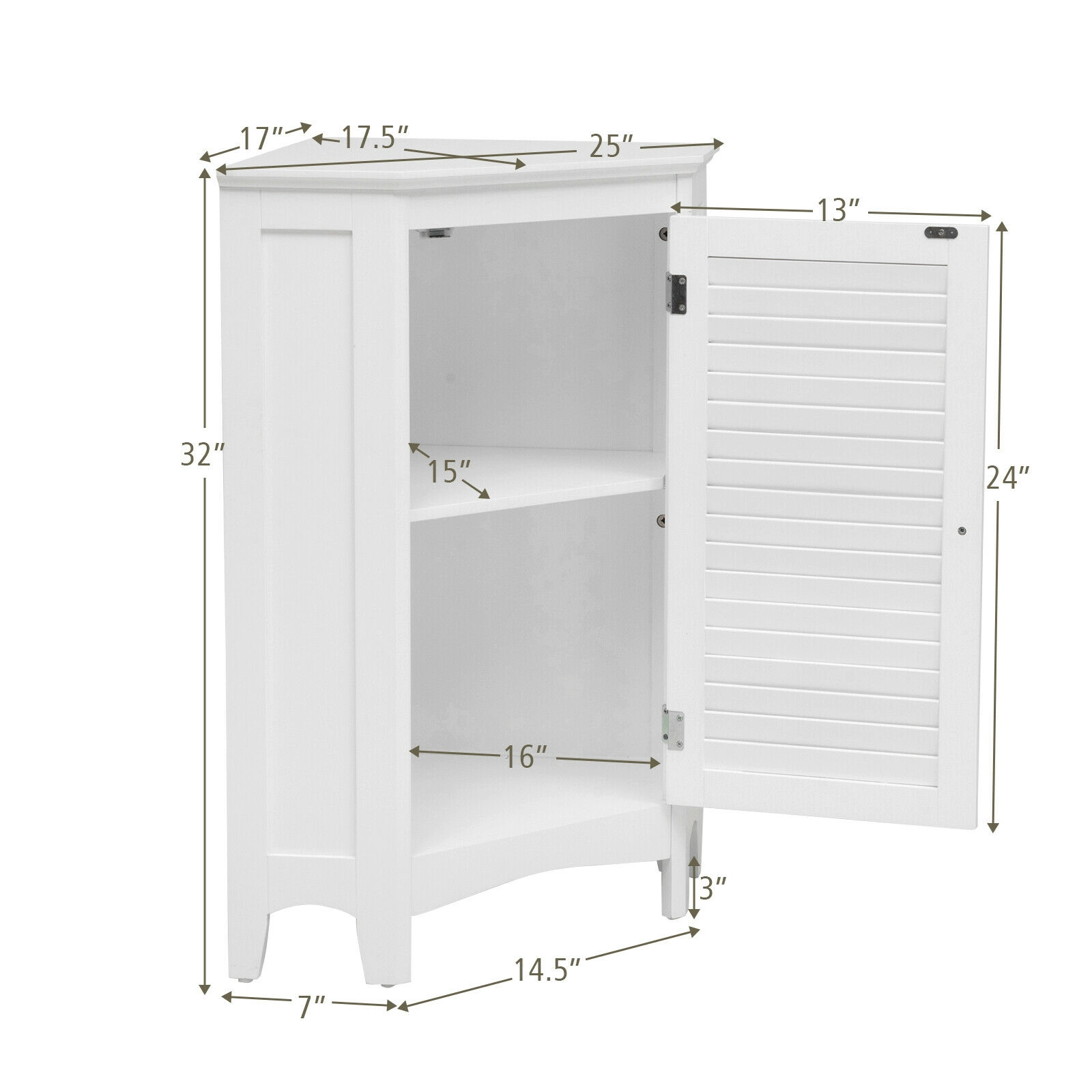 SUGIFT White 40-lb Per Shelf Triangular Corner Freestanding Bathroom Storage Cabinet with Shutter Door