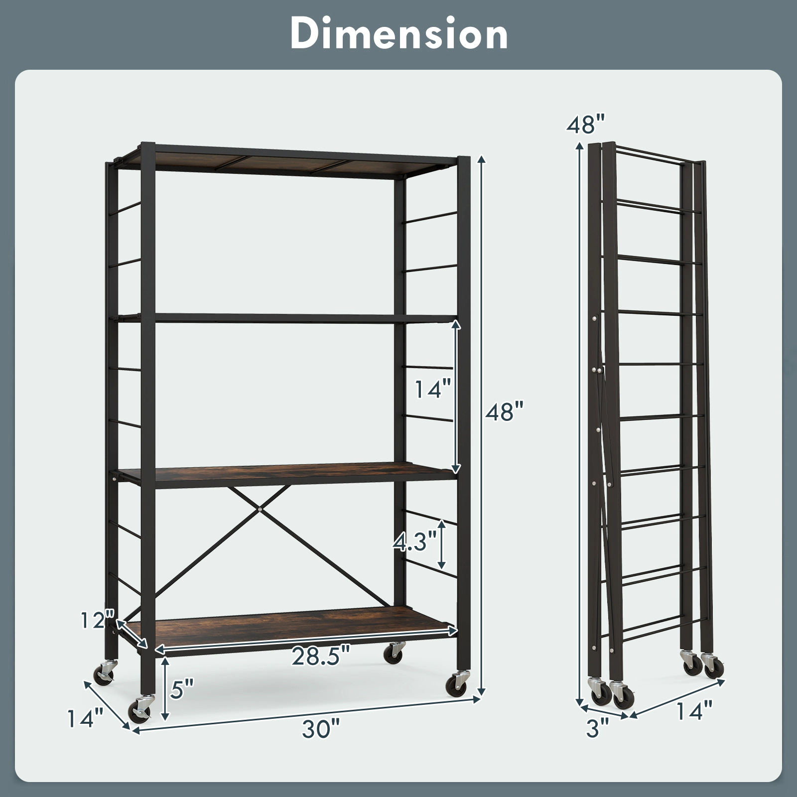 SUGIFT 4-Tier Foldable Storage Shelf with Wheels 180-lb Capacity Black + Rustic Brown