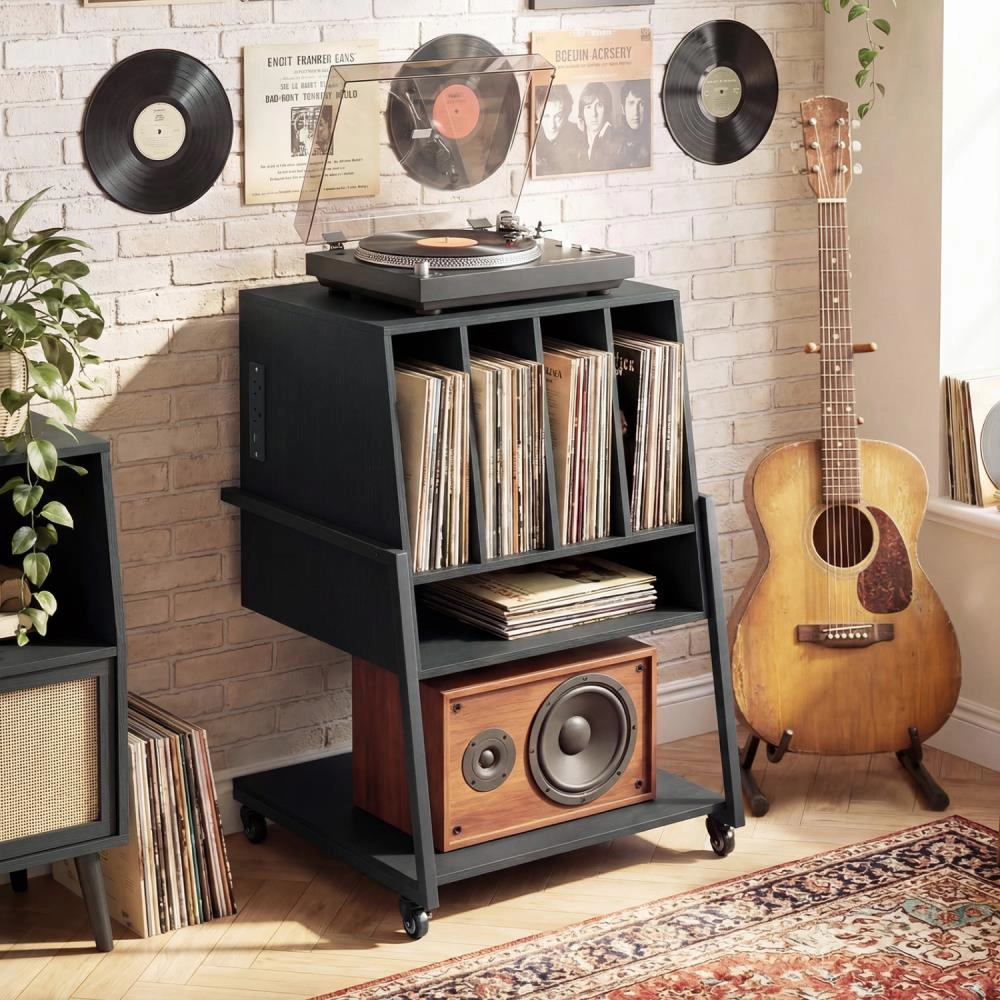 Hivvago Record Player Stand On Wheels Rolling Turntable With Power Outlets