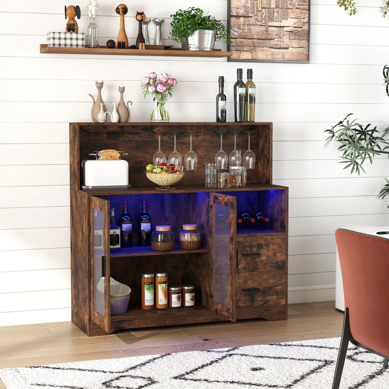LJG Wine Bar Cabinet with LED Lights and Charging Station