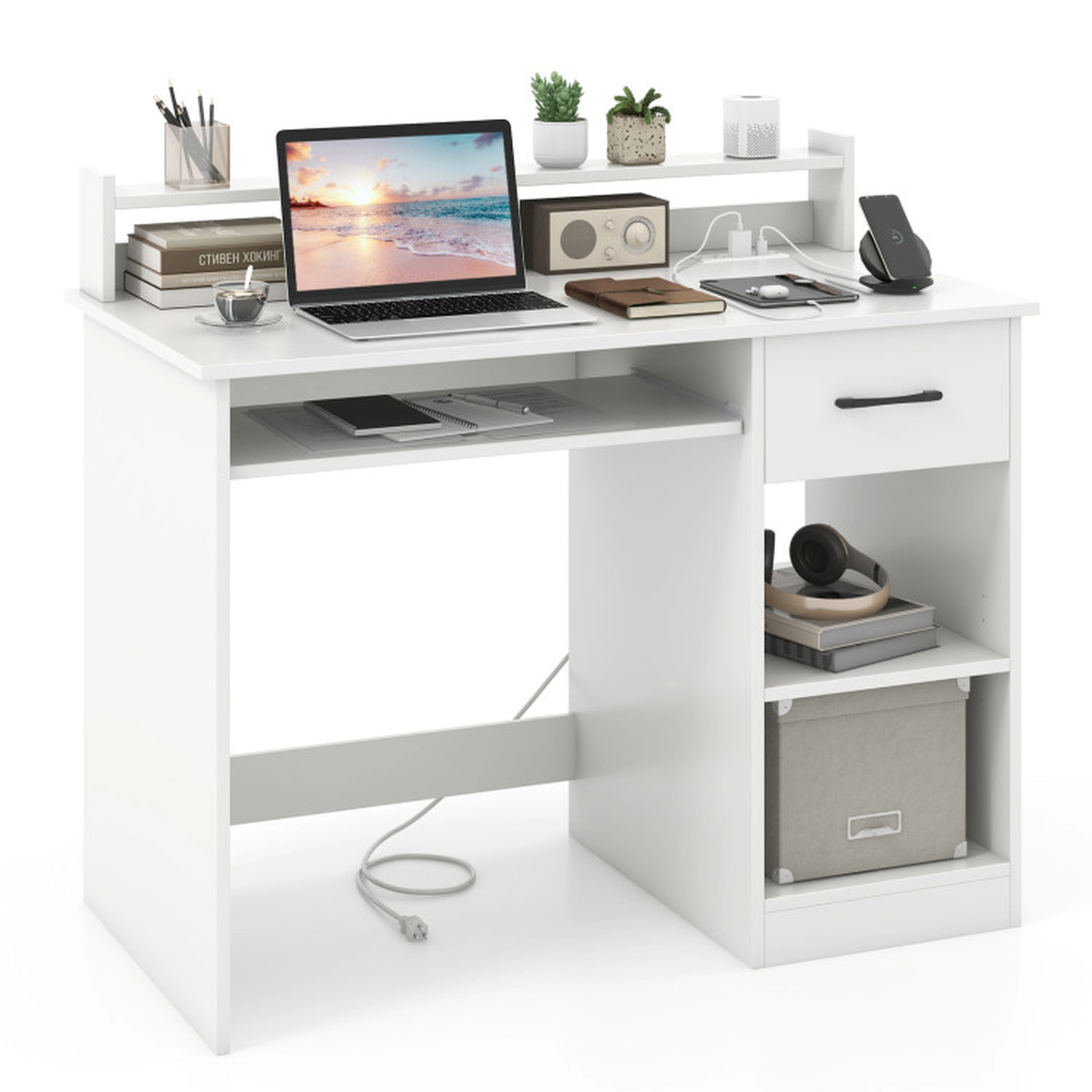SUGIFT White Charging Station Adjustable Shelf and Keyboard Tray 41.5 Inch Computer Desk
