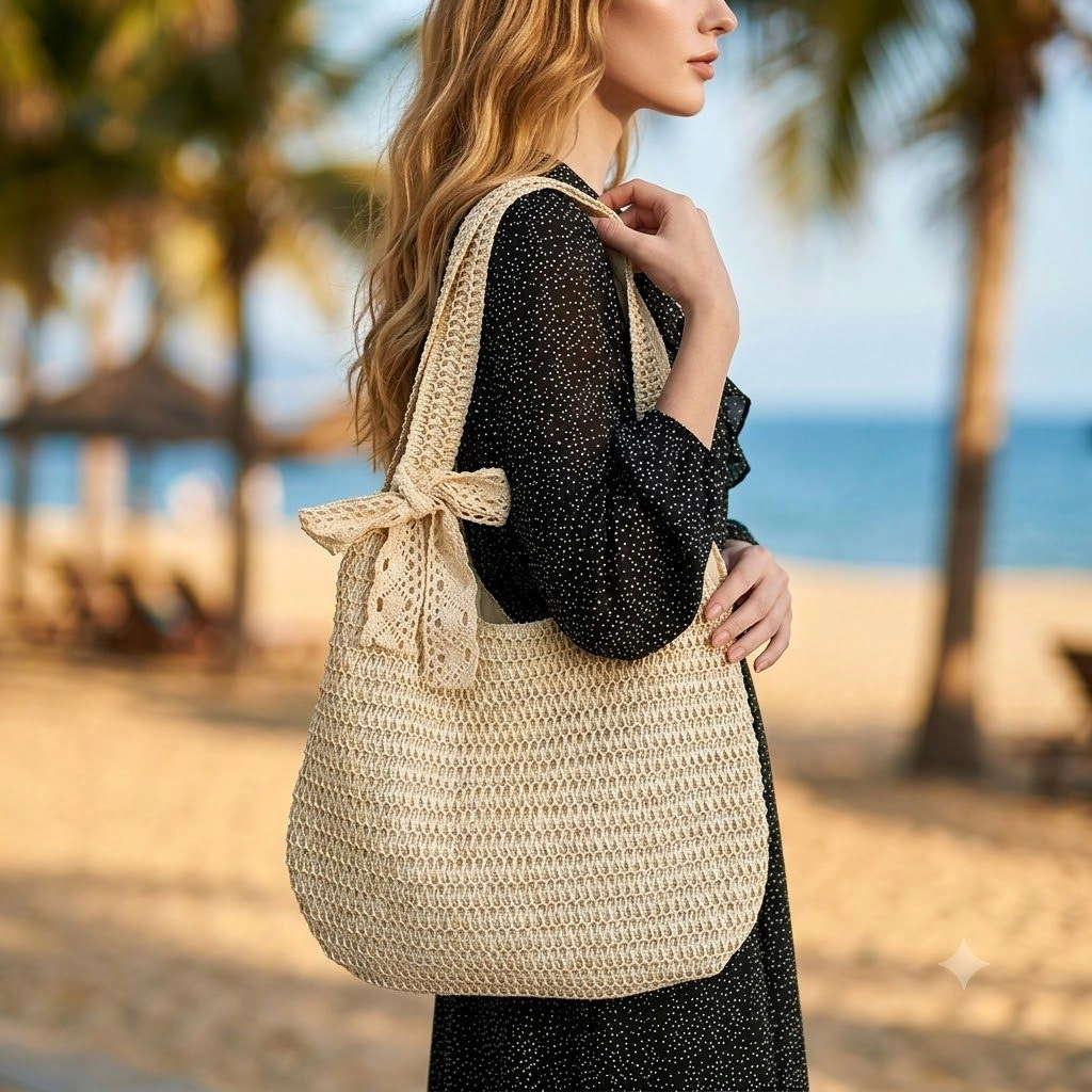 Alilang Women's Crochet Woven Hobo Shoulder Bag with Lace Bow Accent and Lined Interior