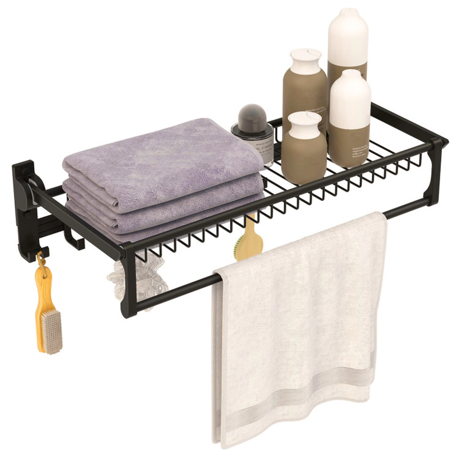 SUGIFT Wall Mounted Space Aluminum Foldable Towel Shelf Adjustable Towel Bar 4 Fixed 5 Movable Hooks 23.5-in Wide Black