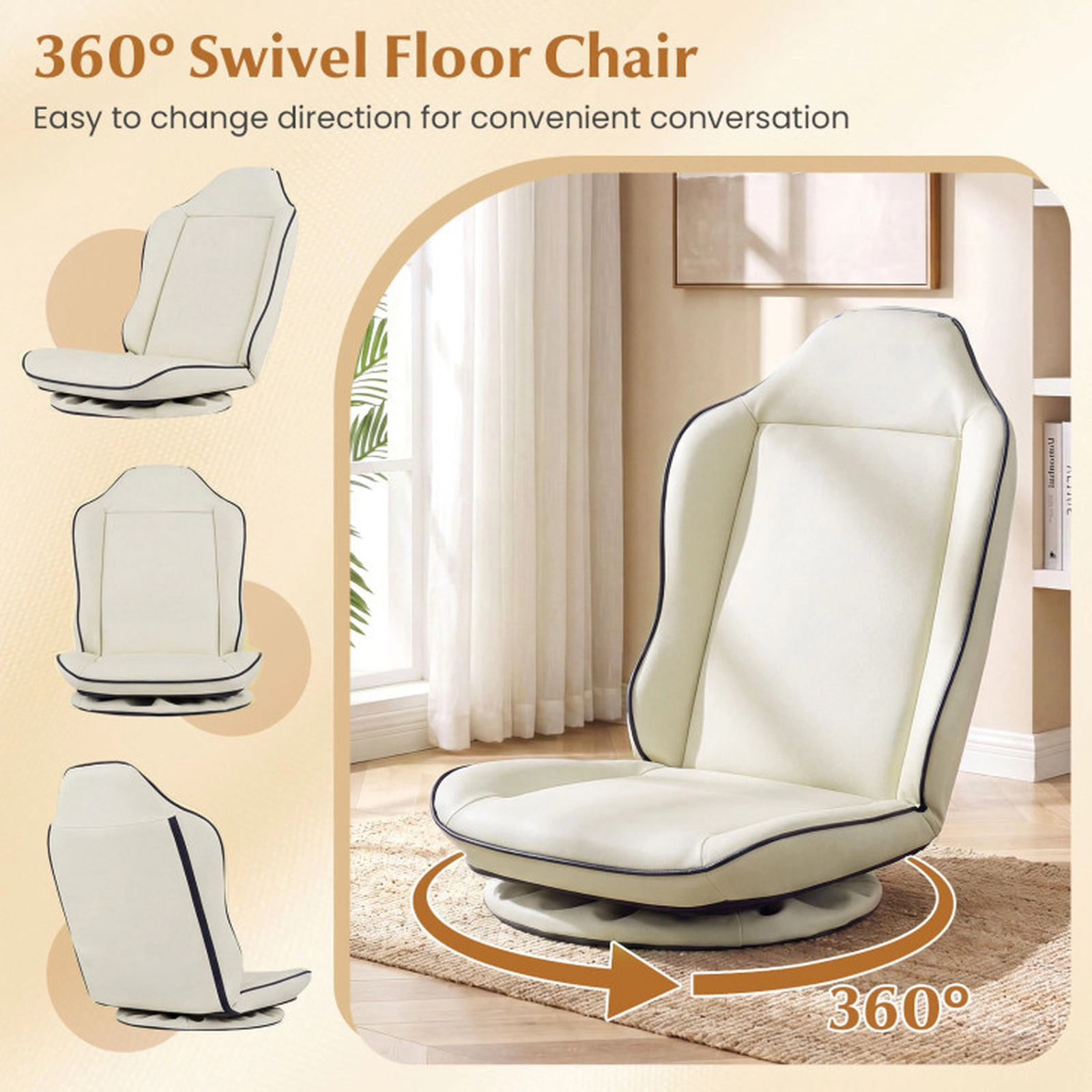 SUGIFT Artificial Leather 360° Swivel Floor Gaming Chair 5-Level Backrest 330-lb Capacity 23.5 x 22 x 30.5-in Beige