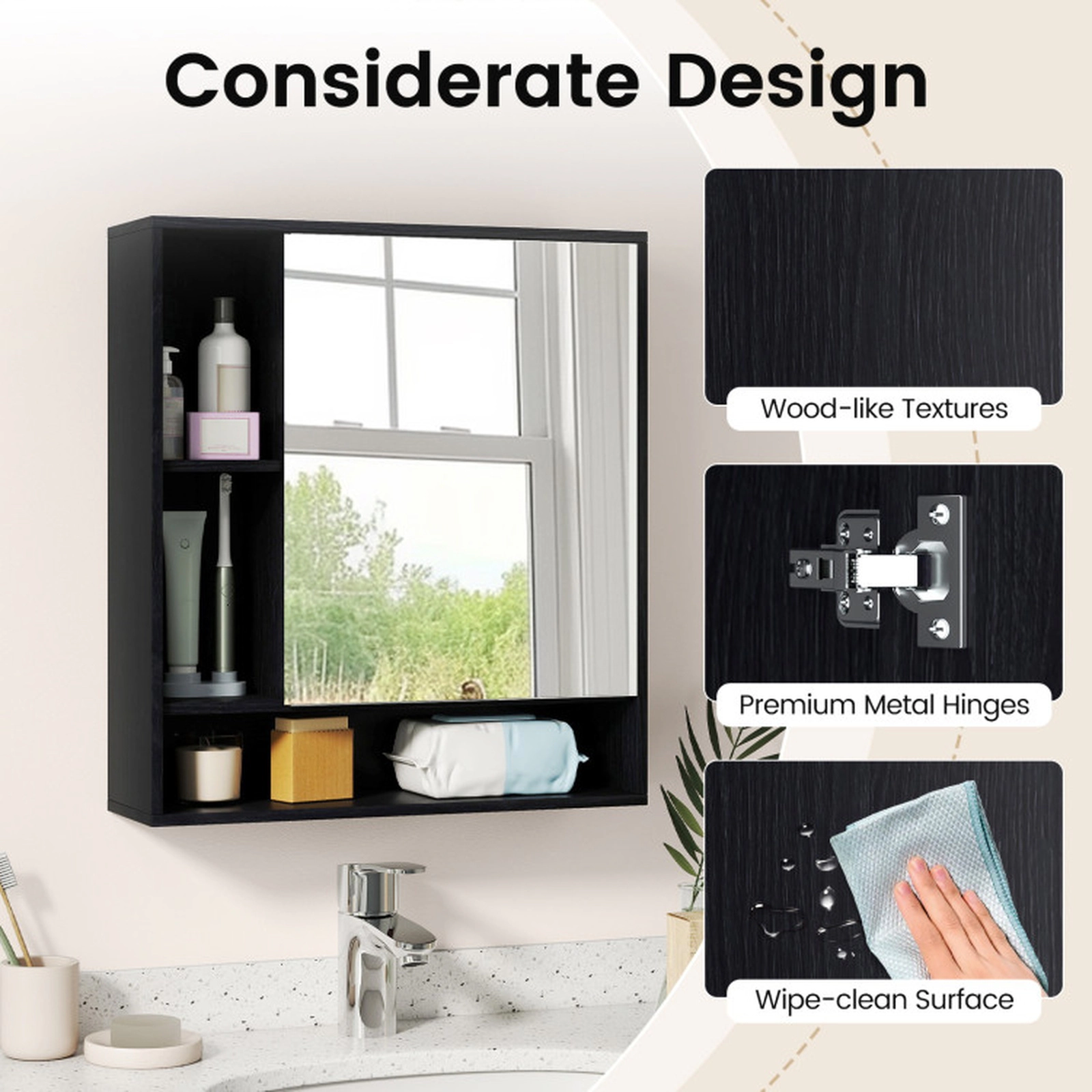 SUGIFT Black 176-lb Capacity Wall Mounted Bathroom Mirror Cabinet with Single Door and Open Shelves