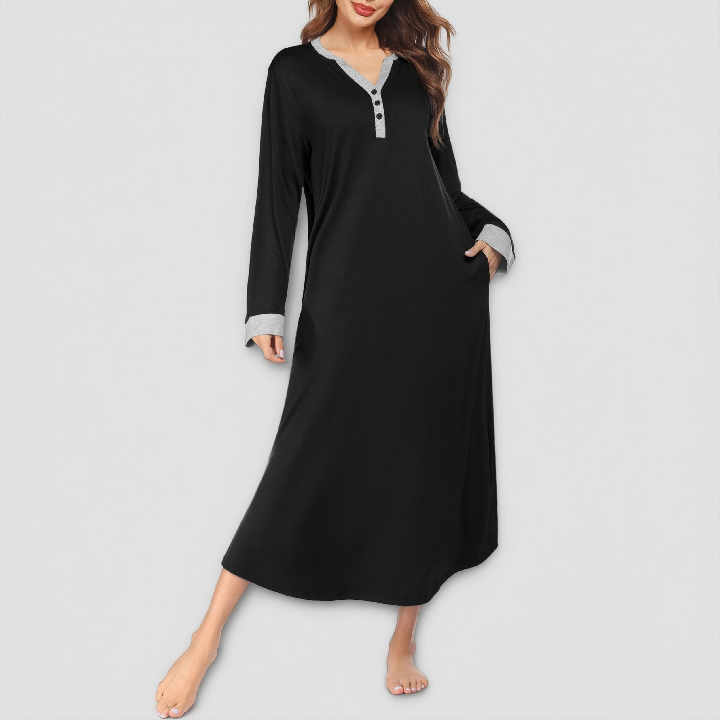 Ekouaer Long Sleeve Nightgown for Women Full Length Sleep Dress Maxi Night Shirt Casual Lounge