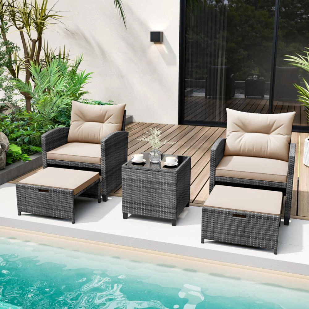 Hivvago 5 Piece Patio Rattan Furniture With 2 Ottomans And Tempered Glass Coffee Table