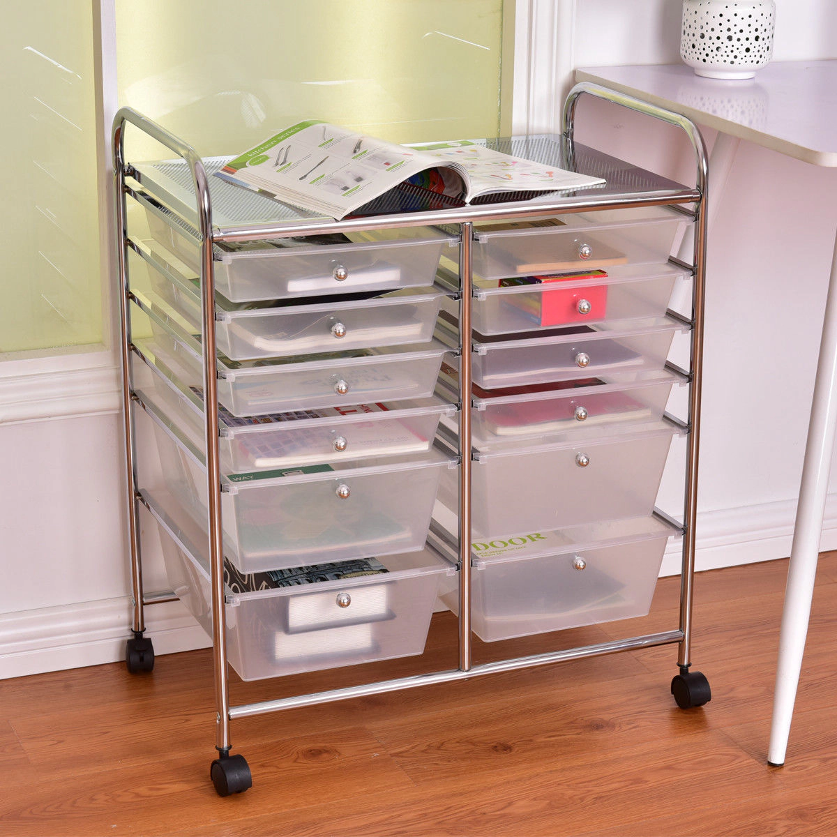SUGIFT White 25-in 12-Drawer Rolling Cart Makeup Organizer with Vanity Storage Bins and Quiet Casters