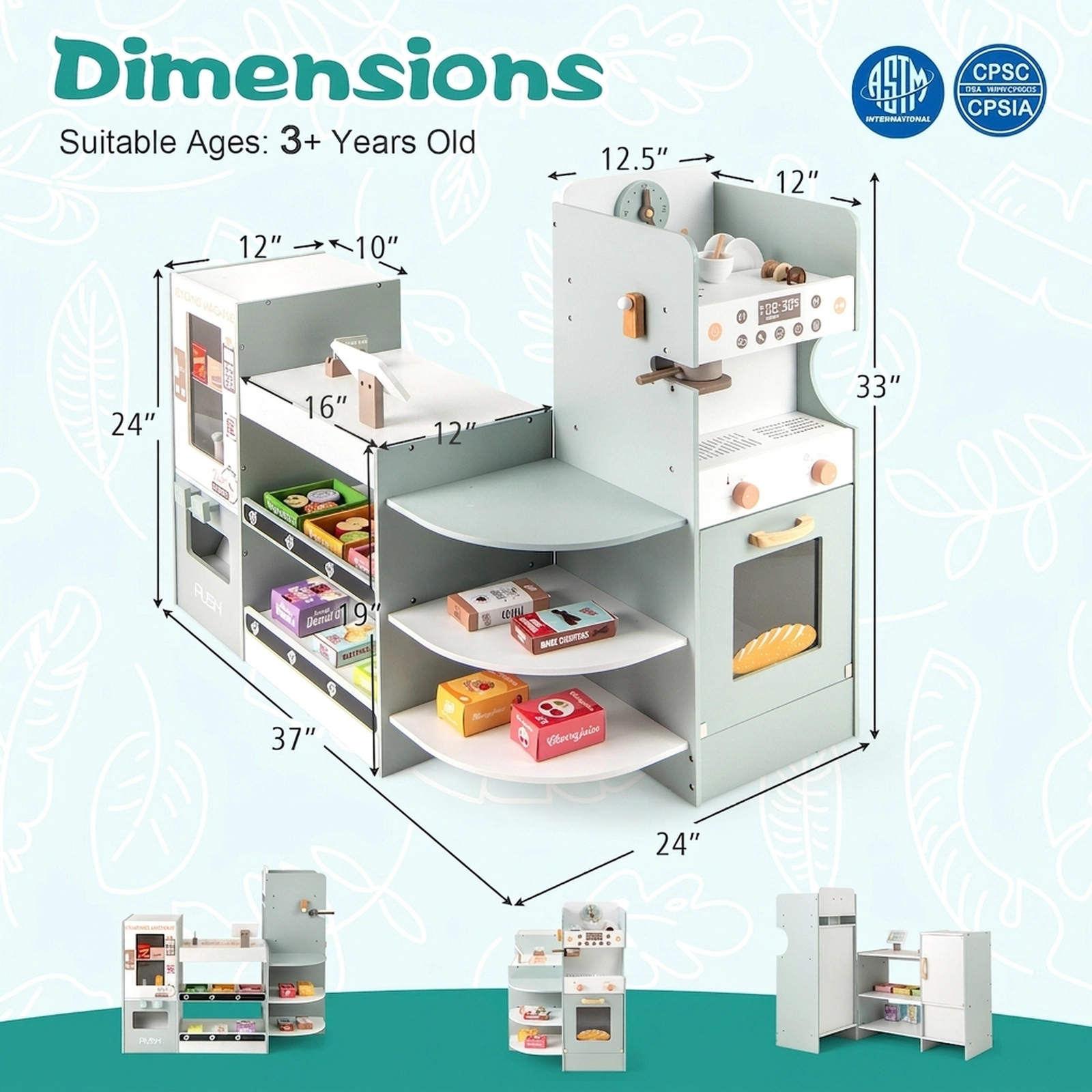Grocery Store Playset Coffee Machine Vending Machine 30-pc Accessories 37-in Kids Pretend Supermarket Ages 3+ Green