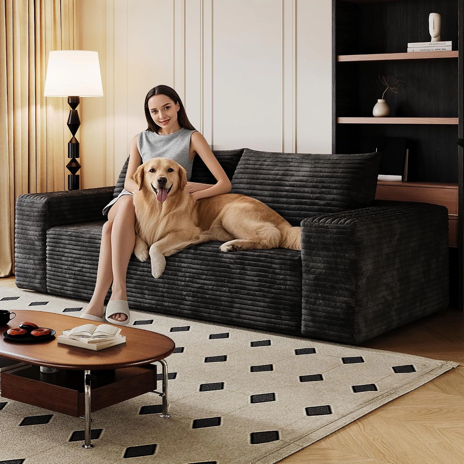 RENDGO 63 inch Black Small Boneless Cloud Loveseat Sofa with Chaise for Living Room No Assembly Required