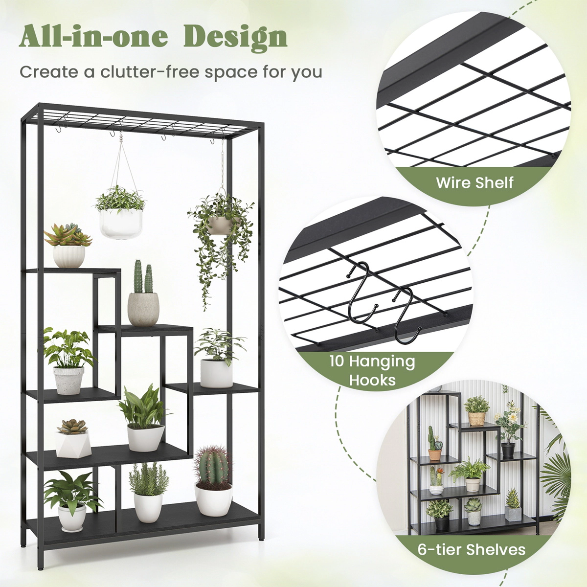 SUGIFT 6-Tier 71-in Tall Indoor Ladder Metal Plant Stand Shelf with 10 Hanging Hooks and Anti-Tip Kit