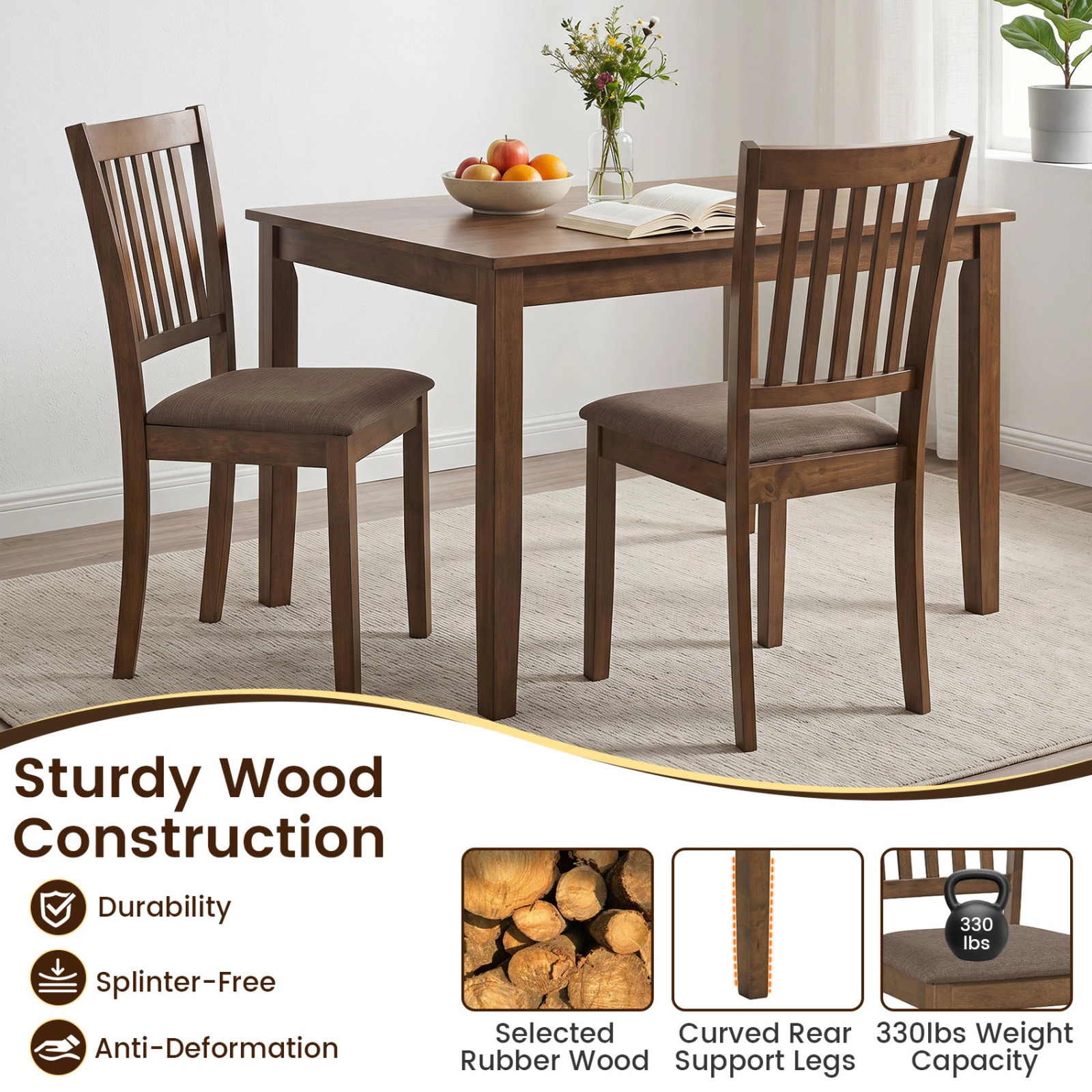 SUGIFT Set of 4 Wooden Upholstered Dining Chairs with Rubber Wood Frame 330-lb Capacity Brown/Black