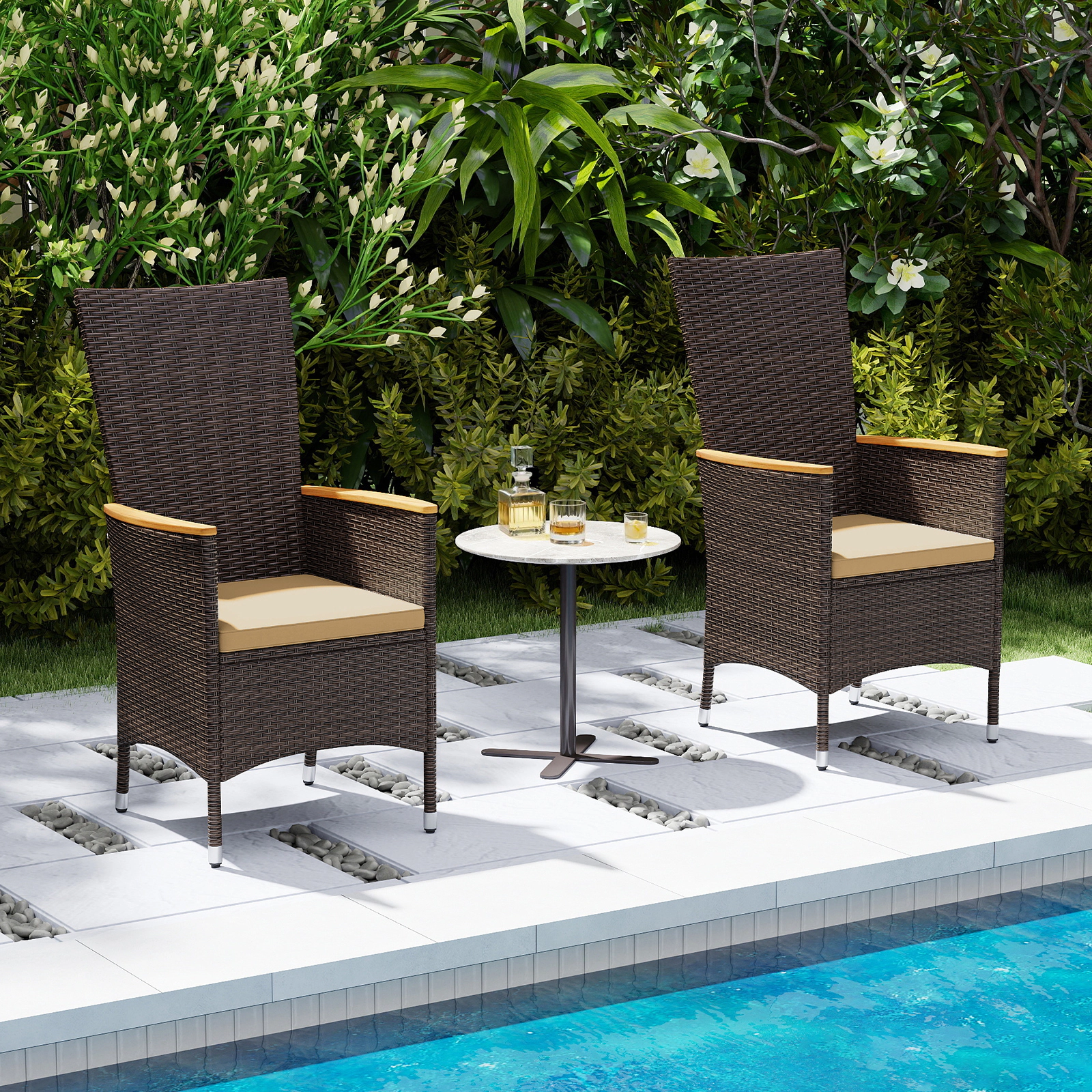 SUGIFT Handwoven PE Rattan Outdoor Wicker Dining Chairs Set of 4 High 42.5-in Backrest 400-lb Capacity Beige Cushions