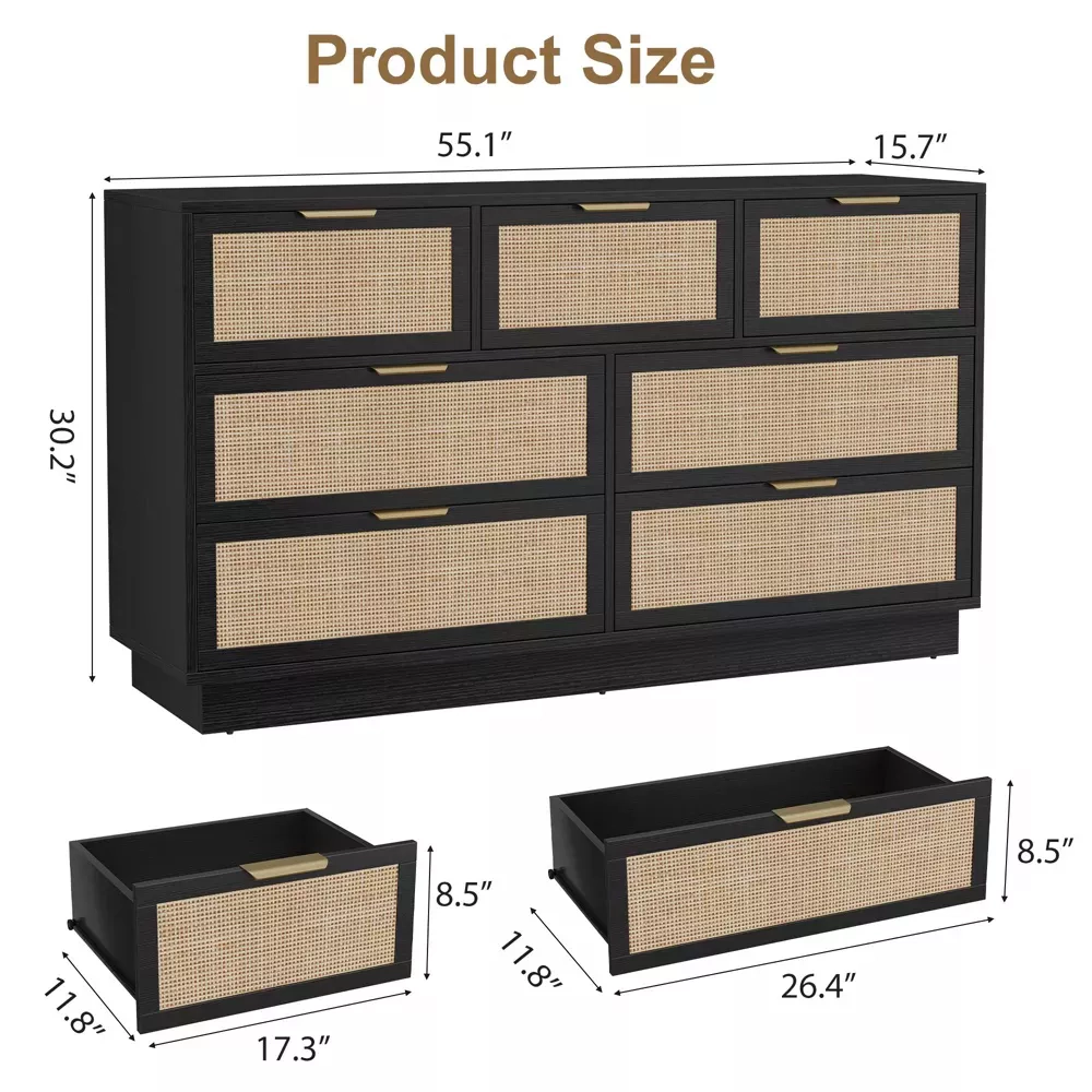 Rattan 7 Drawer Dresser with Metal Handles, 55" Wide Storage Chest for Bedroom Home Office