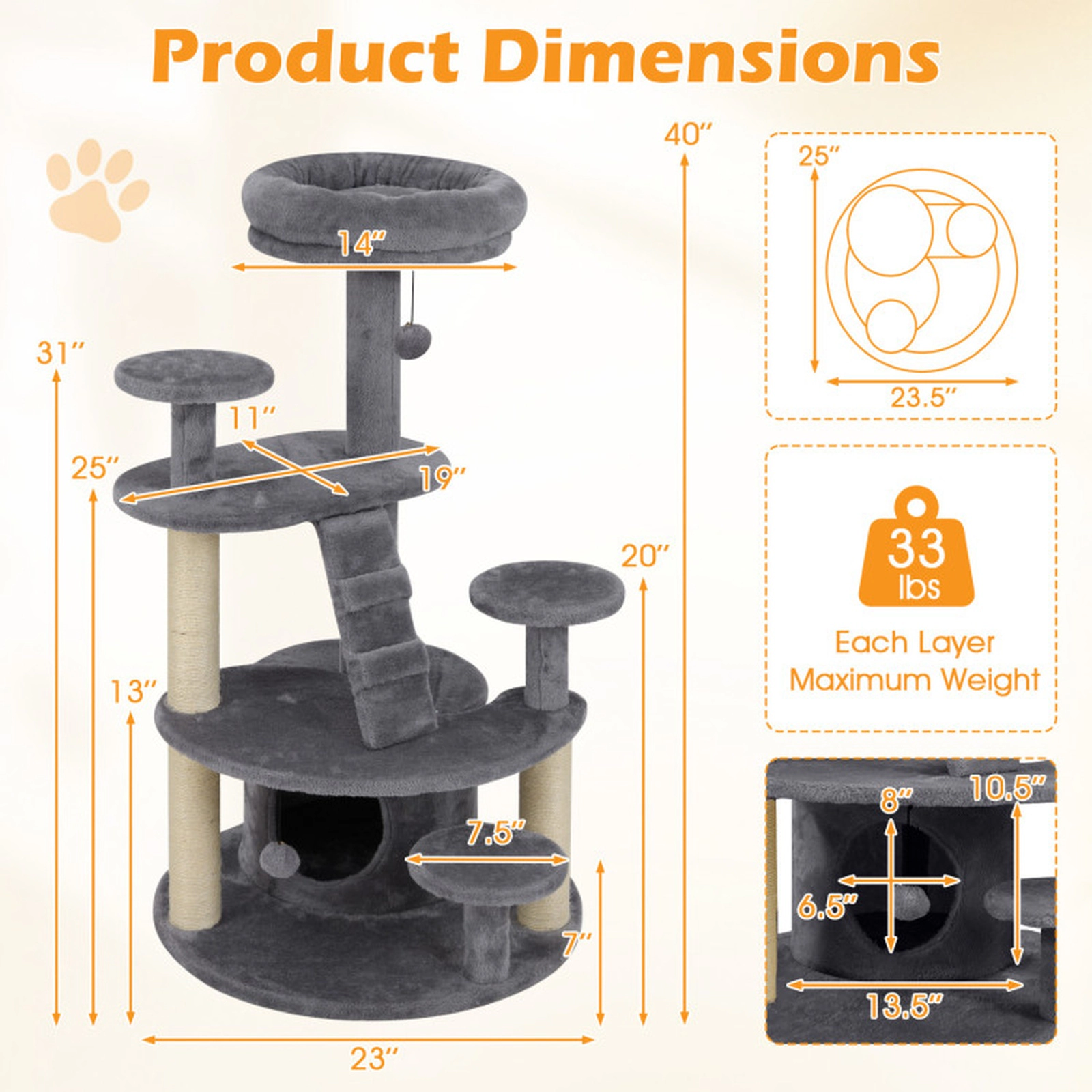 SUGIFT Multi-Level Kitty Tower Cat Tree with Condo, Climbing Ladder and Pompom Toys 33-lb Capacity Beige/Gray