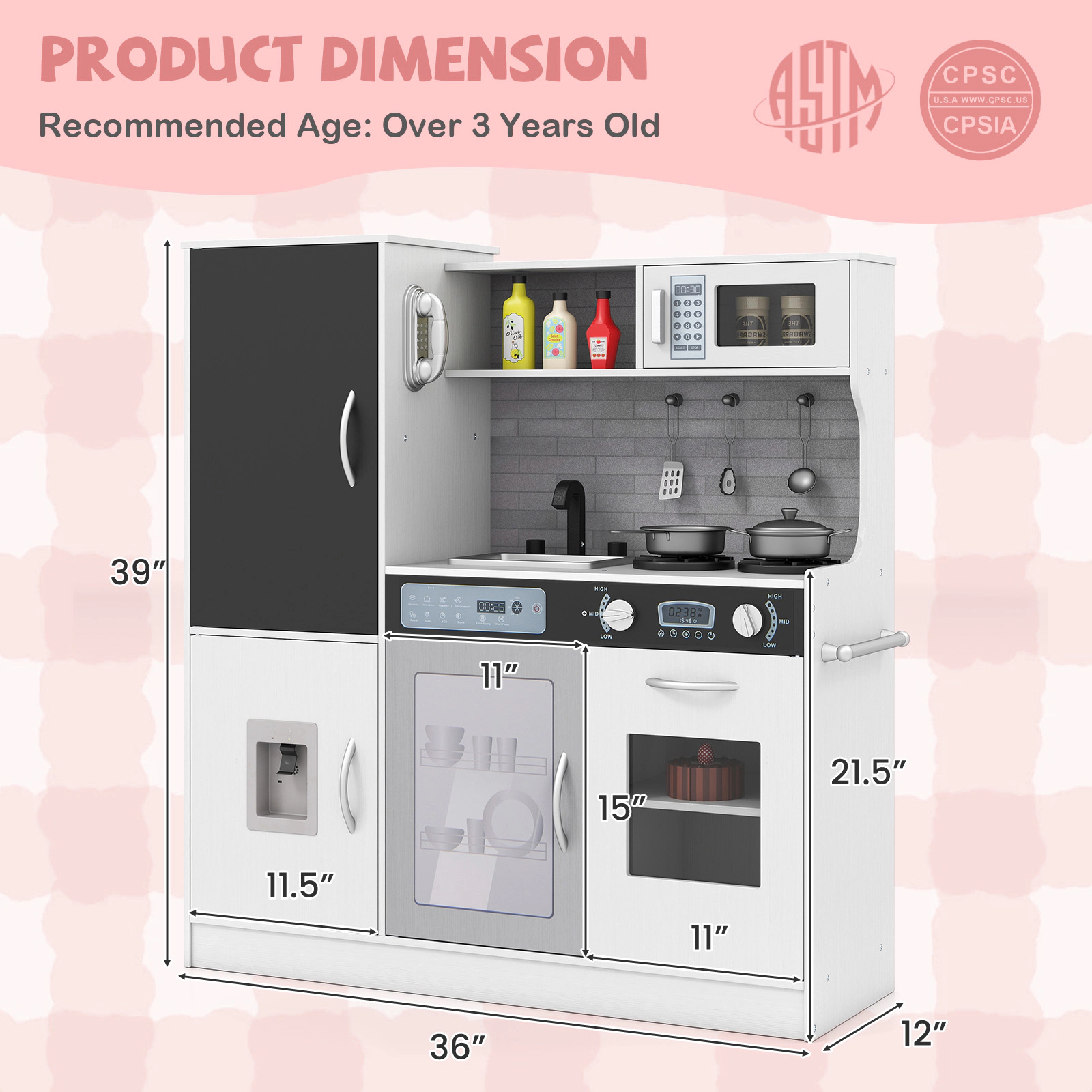 Pretend Play Kitchen for Kids Lighted Water Dispenser Dishwasher Chalkboard Utensils 36-in x 12-in x 39-in Silver