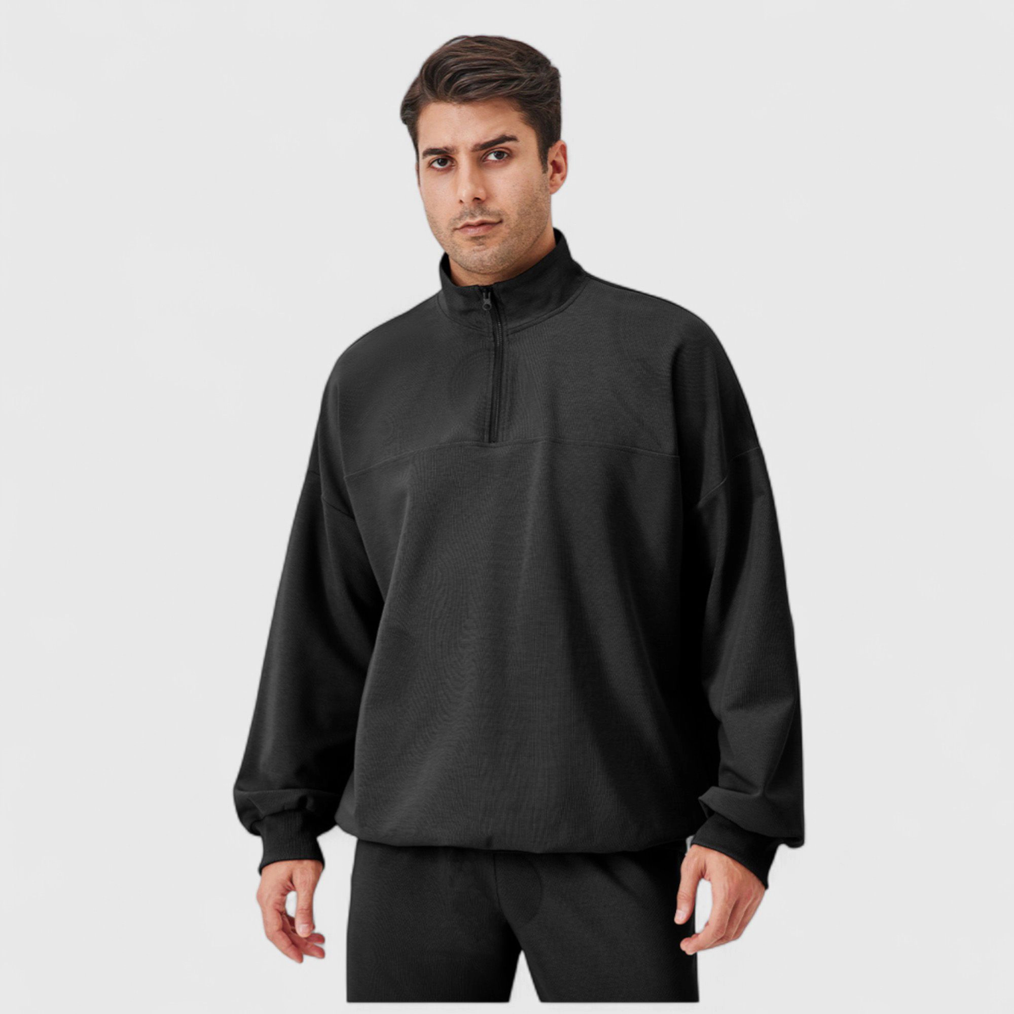Anna-Kaci Men's Oversized Quarter-Zip Pullover with Drop Shoulders and Ribbed Cuffs for Relaxed Casual Styling
