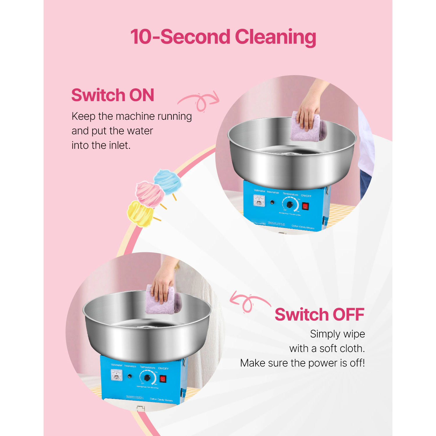 HONGGE Electric Cotton Candy Machine 1000W Floss Maker Commercial with Stainless Steel Bowl
