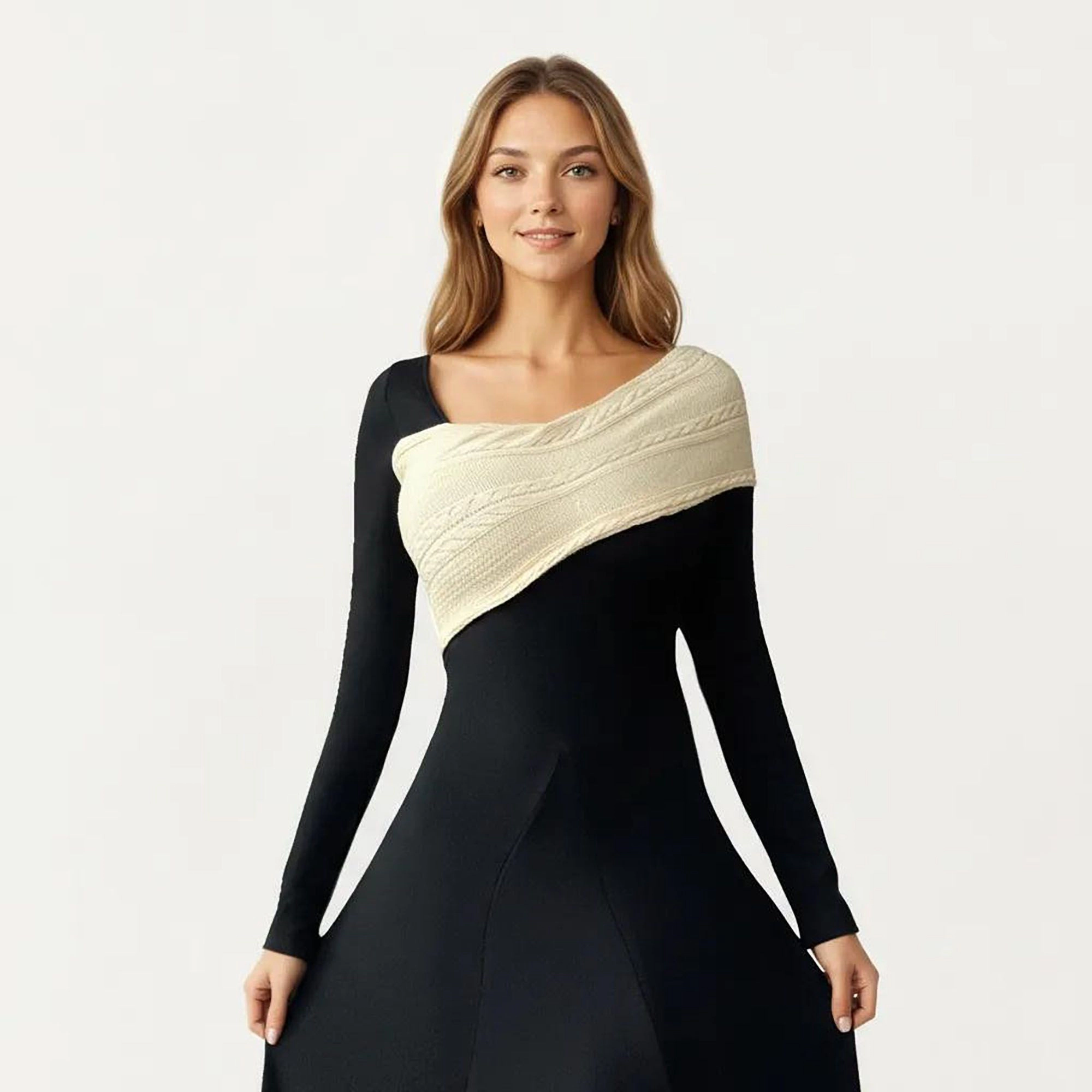 Anna-Kaci Women's Black Off Shoulder Knit Detail Long Sleeve Midi Dress