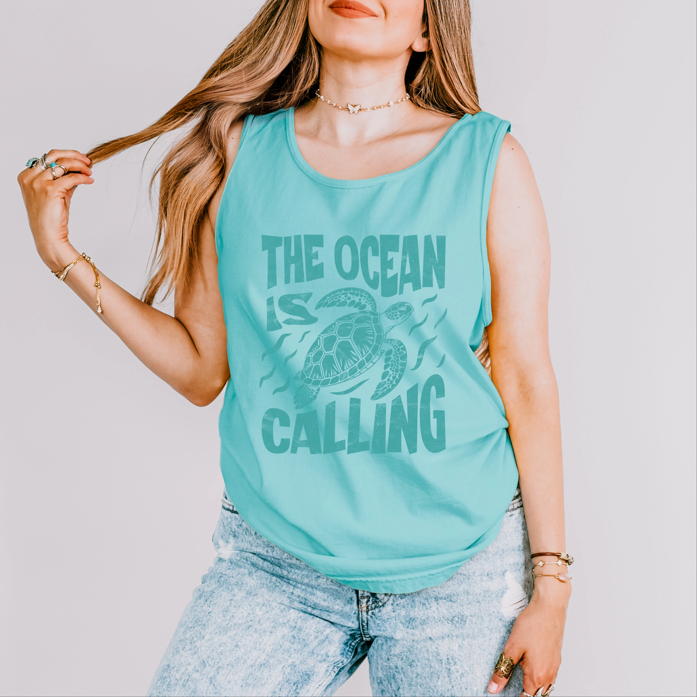 Simply Sage Market - The Ocean Is Calling Turtle Women's Garment Dyed Graphic Tank Top